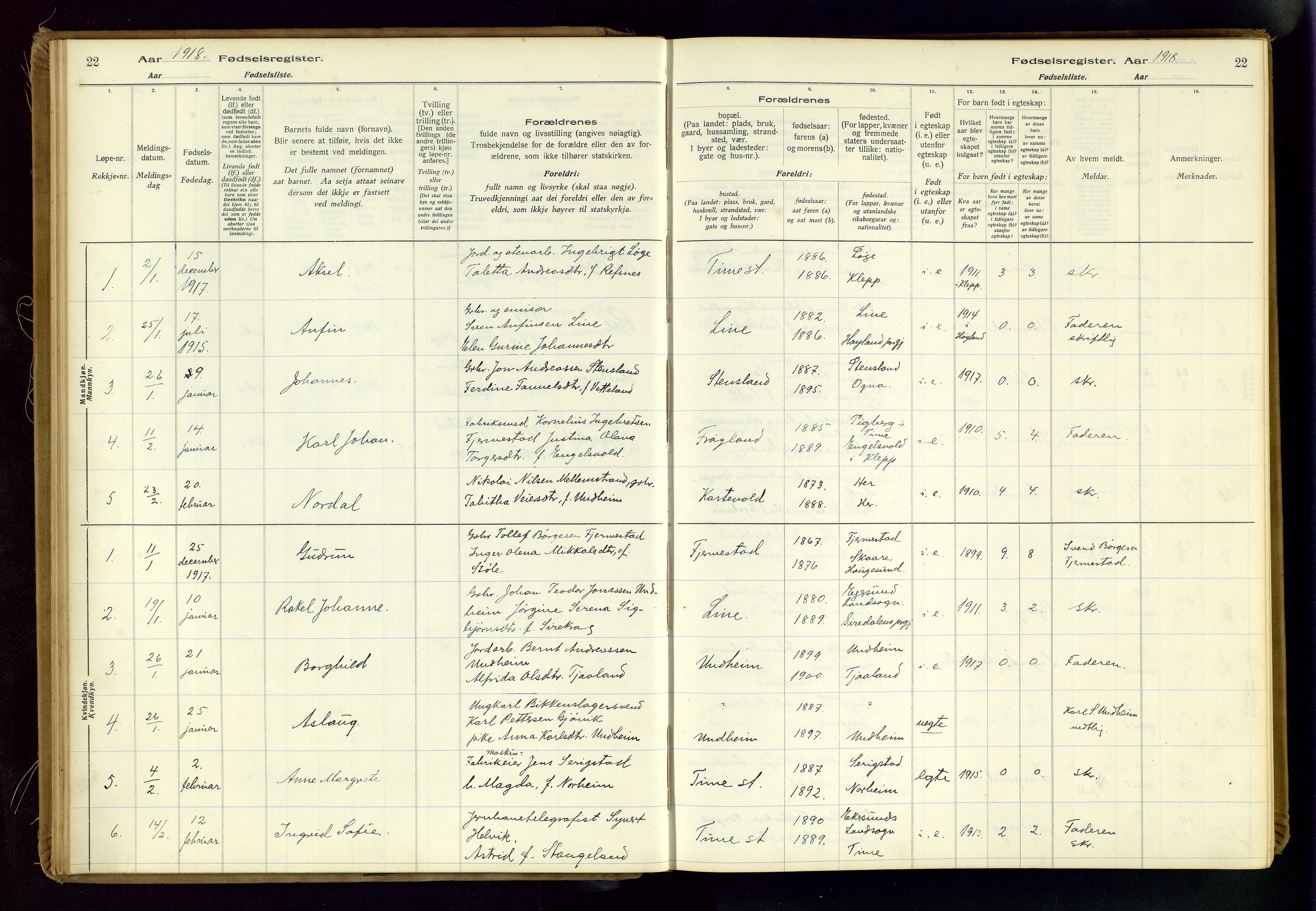 Time sokneprestkontor, SAST/A-101795/001/704BA/L0001: Fødselsregister nr. 1, 1916-1934, s. 22