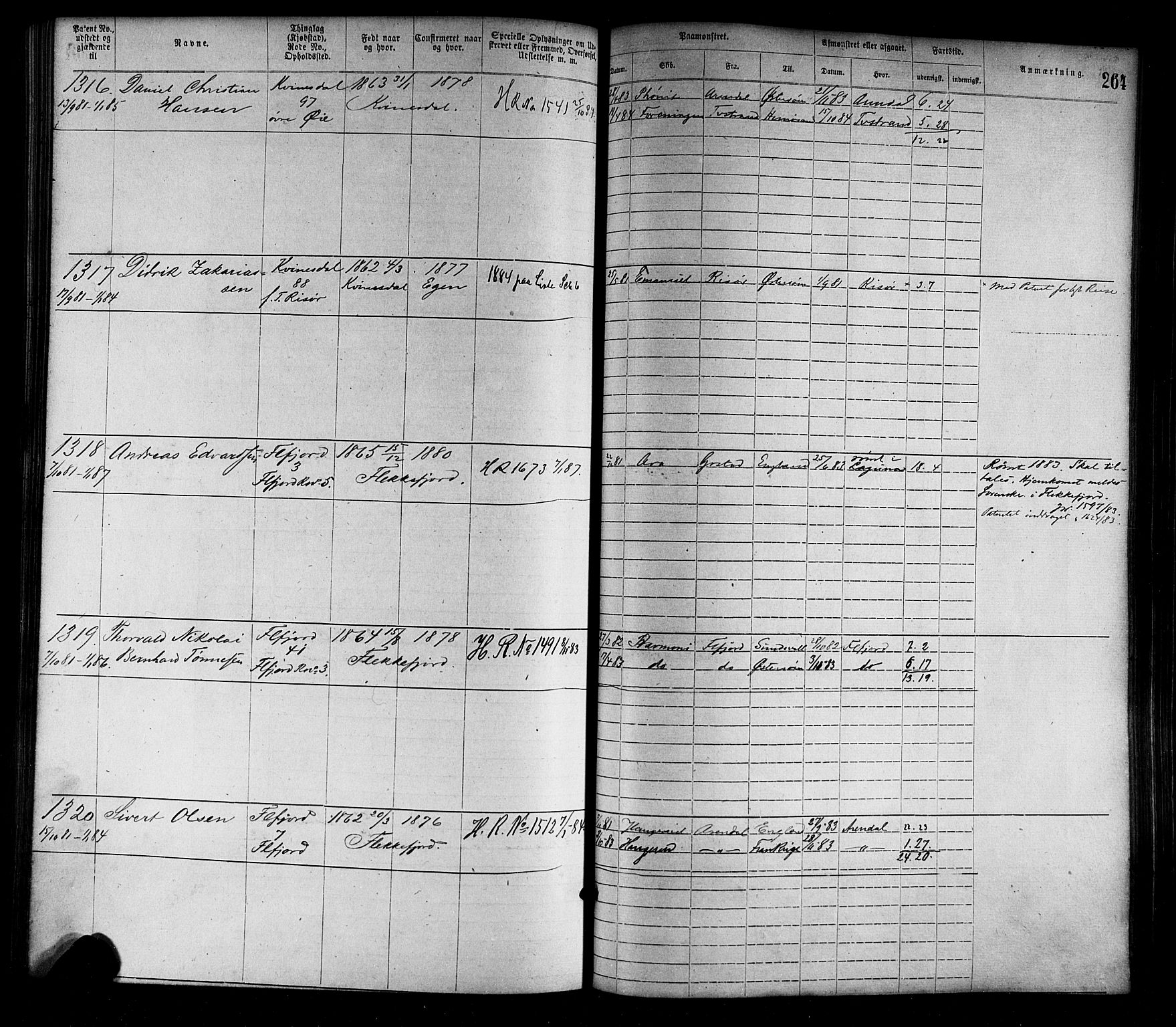 Flekkefjord mønstringskrets, AV/SAK-2031-0018/F/Fa/L0002: Annotasjonsrulle nr 1-1920 med register, N-2, 1870-1891, s. 292