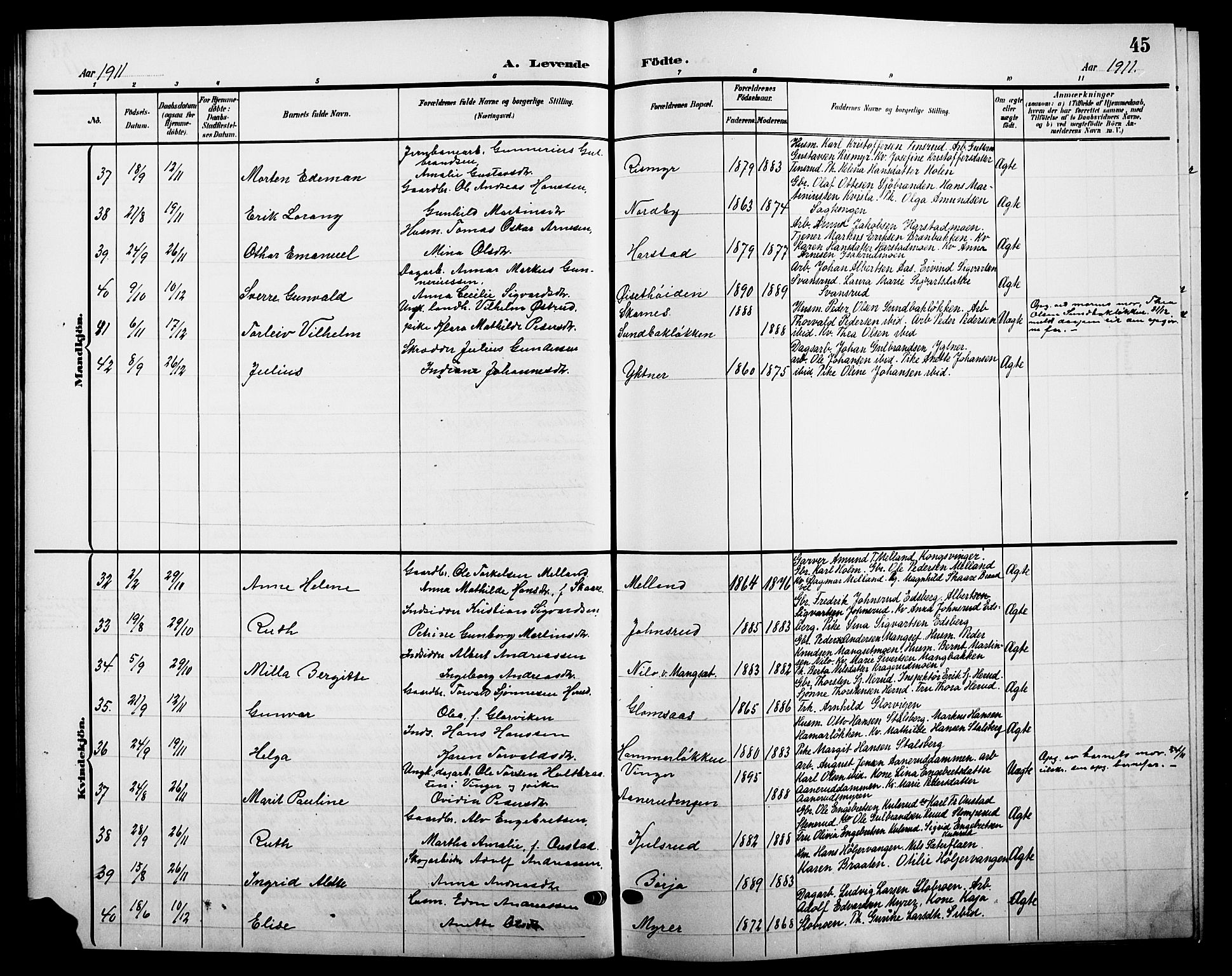 Sør-Odal prestekontor, AV/SAH-PREST-030/H/Ha/Hab/L0005: Klokkerbok nr. 5, 1903-1915, s. 45