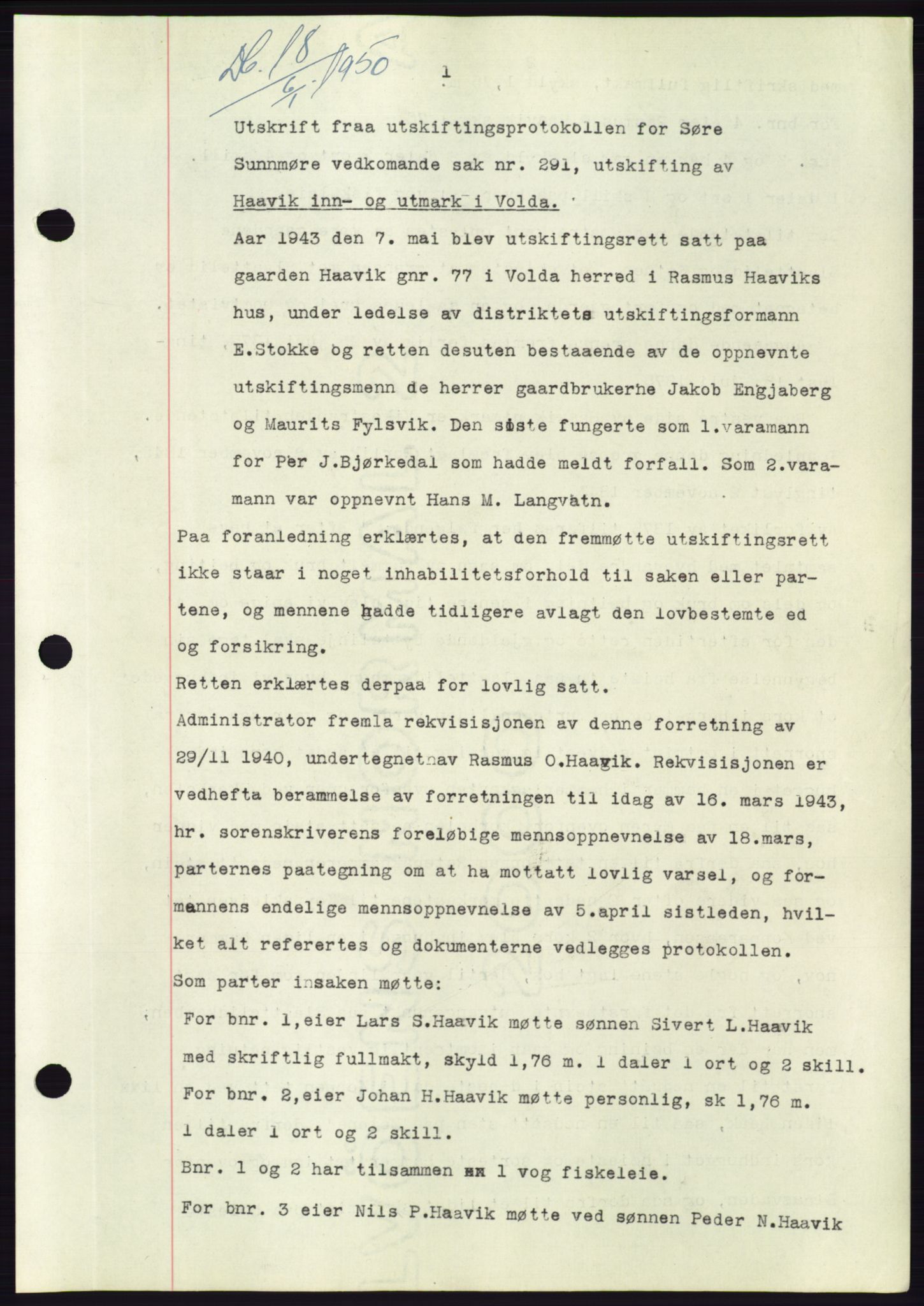 Søre Sunnmøre sorenskriveri, SAT/A-4122/1/2/2C/L0086: Pantebok nr. 12A, 1949-1950, Dagboknr: 18/1950