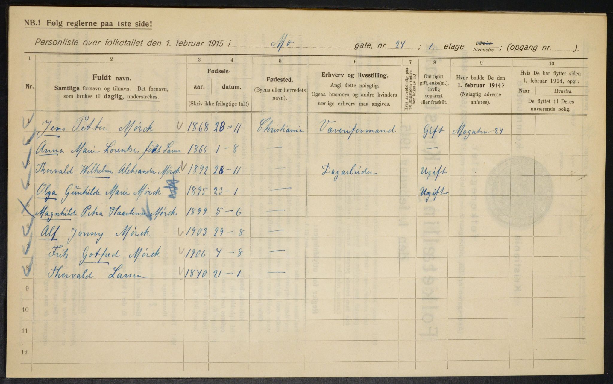 OBA, Kommunal folketelling 1.2.1915 for Kristiania, 1915, s. 65004