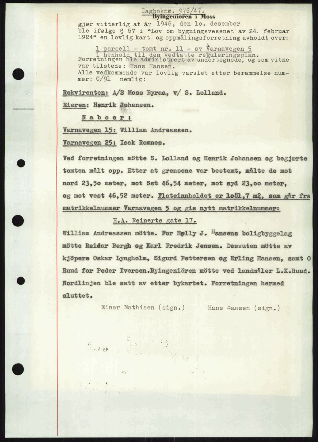 Moss sorenskriveri, SAO/A-10168: Pantebok nr. A17, 1947-1947, Dagboknr: 976/1947