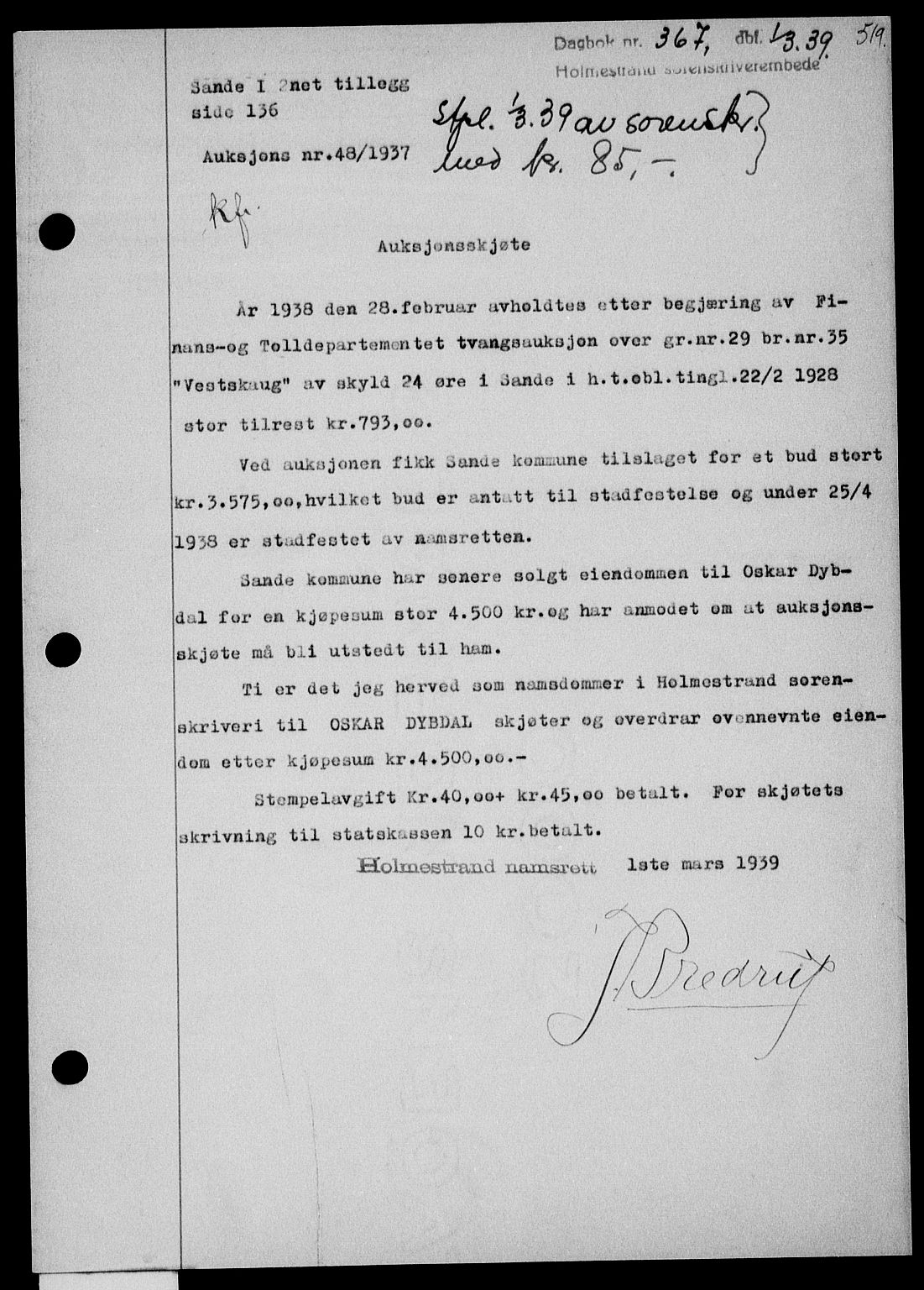 Holmestrand sorenskriveri, SAKO/A-67/G/Ga/Gaa/L0050: Pantebok nr. A-50, 1938-1939, Dagboknr: 367/1939