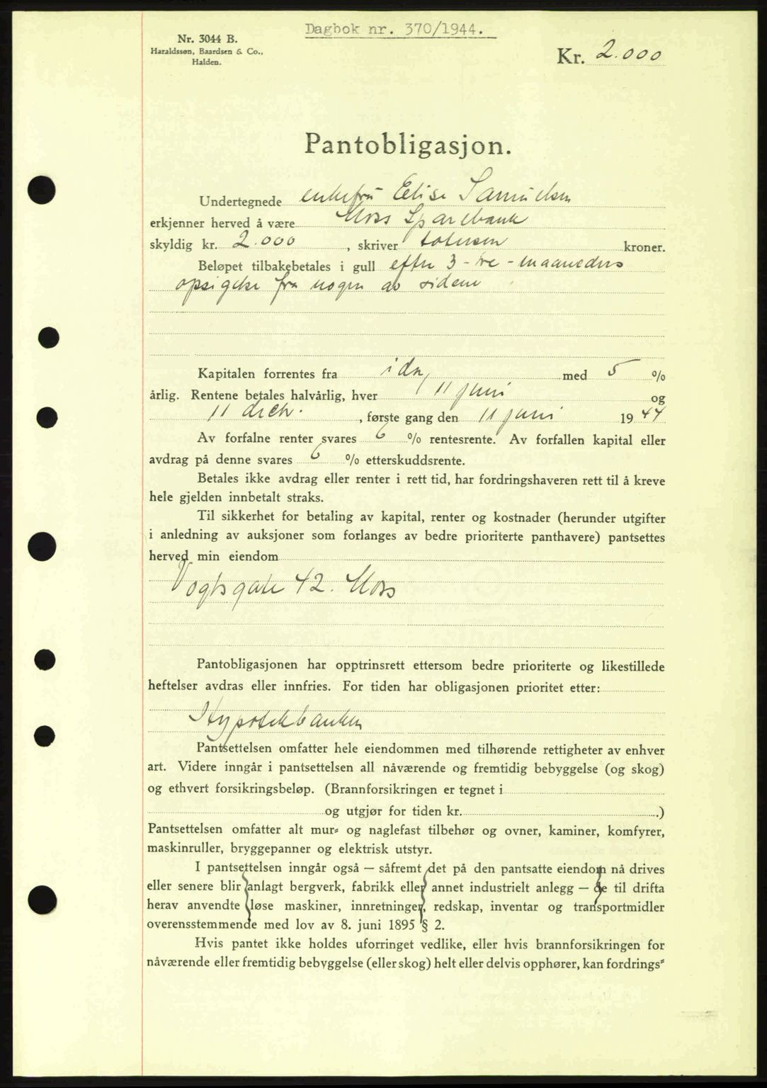 Moss sorenskriveri, SAO/A-10168: Pantebok nr. B13, 1943-1945, Dagboknr: 370/1944