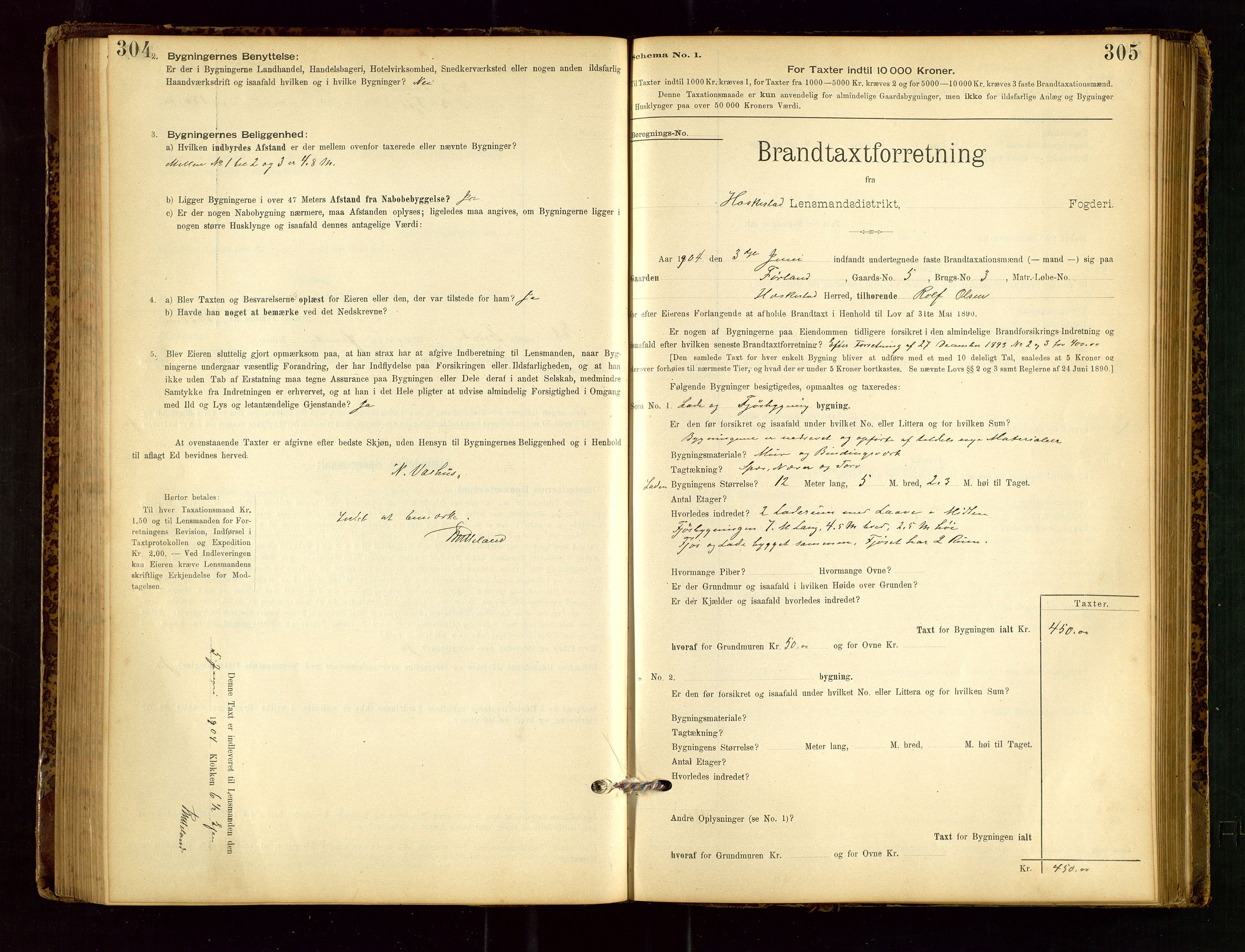 Heskestad lensmannskontor, SAST/A-100304/Gob/L0001: "Brandtaxationsprotokol", 1894-1915, s. 304-305