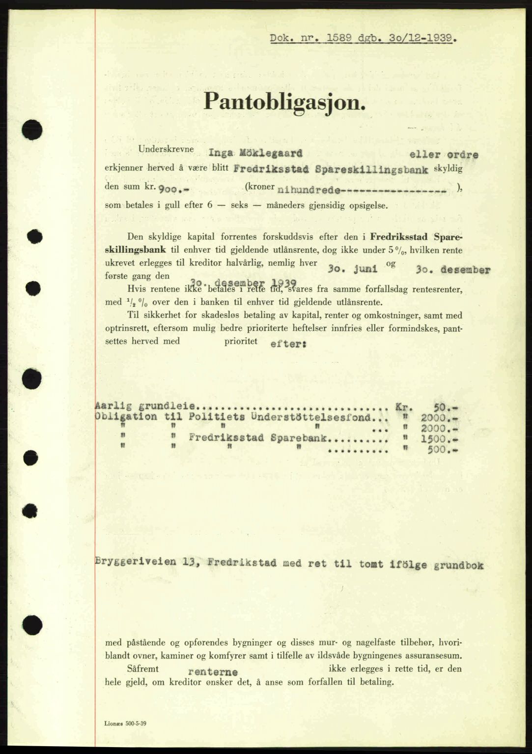 Fredrikstad byfogd, SAO/A-10473a/G/Ga/Gad/L0002: Pantebok nr. B2, 1938-1939, Dagboknr: 1589/1939