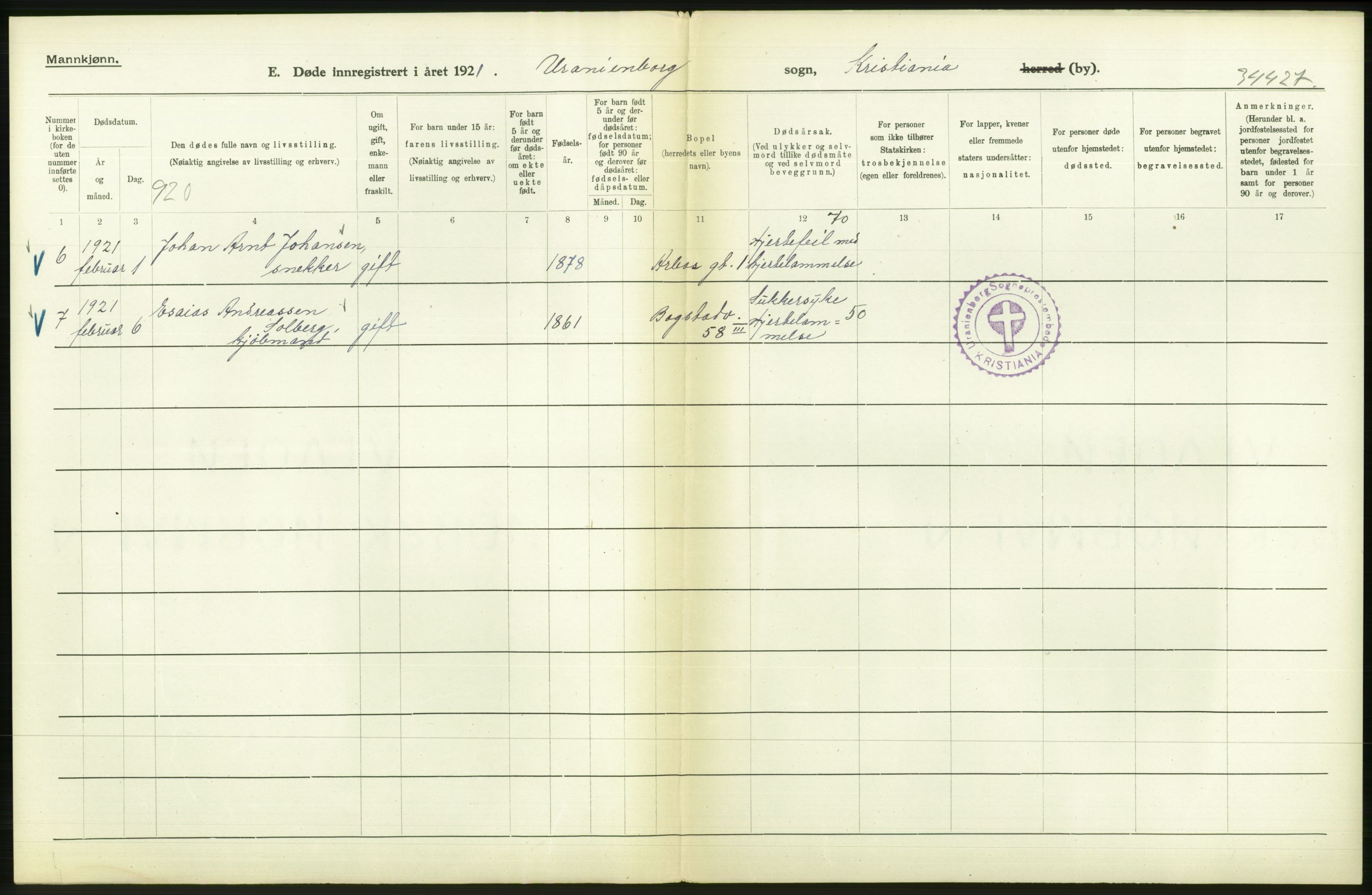 Statistisk sentralbyrå, Sosiodemografiske emner, Befolkning, AV/RA-S-2228/D/Df/Dfc/Dfca/L0012: Kristiania: Døde, 1921, s. 348