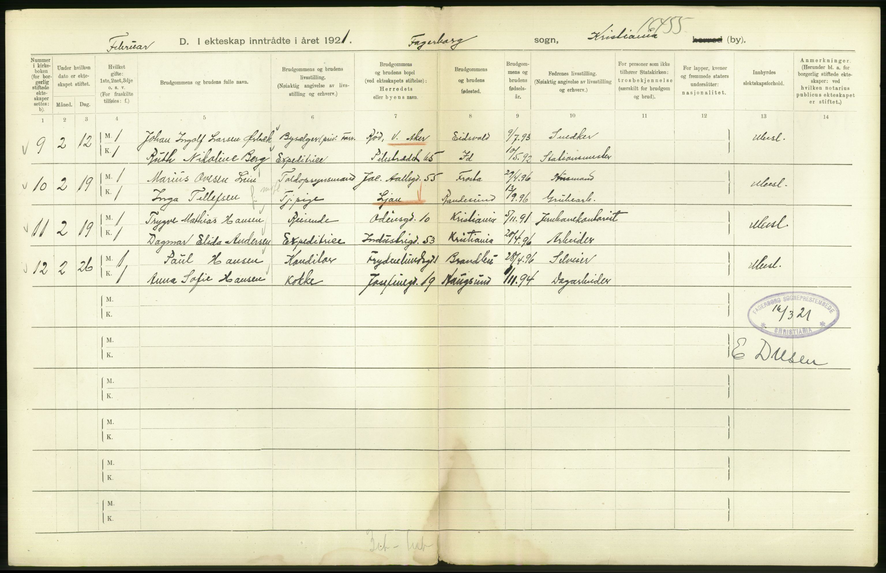 Statistisk sentralbyrå, Sosiodemografiske emner, Befolkning, AV/RA-S-2228/D/Df/Dfc/Dfca/L0011: Kristiania: Gifte, 1921, s. 258