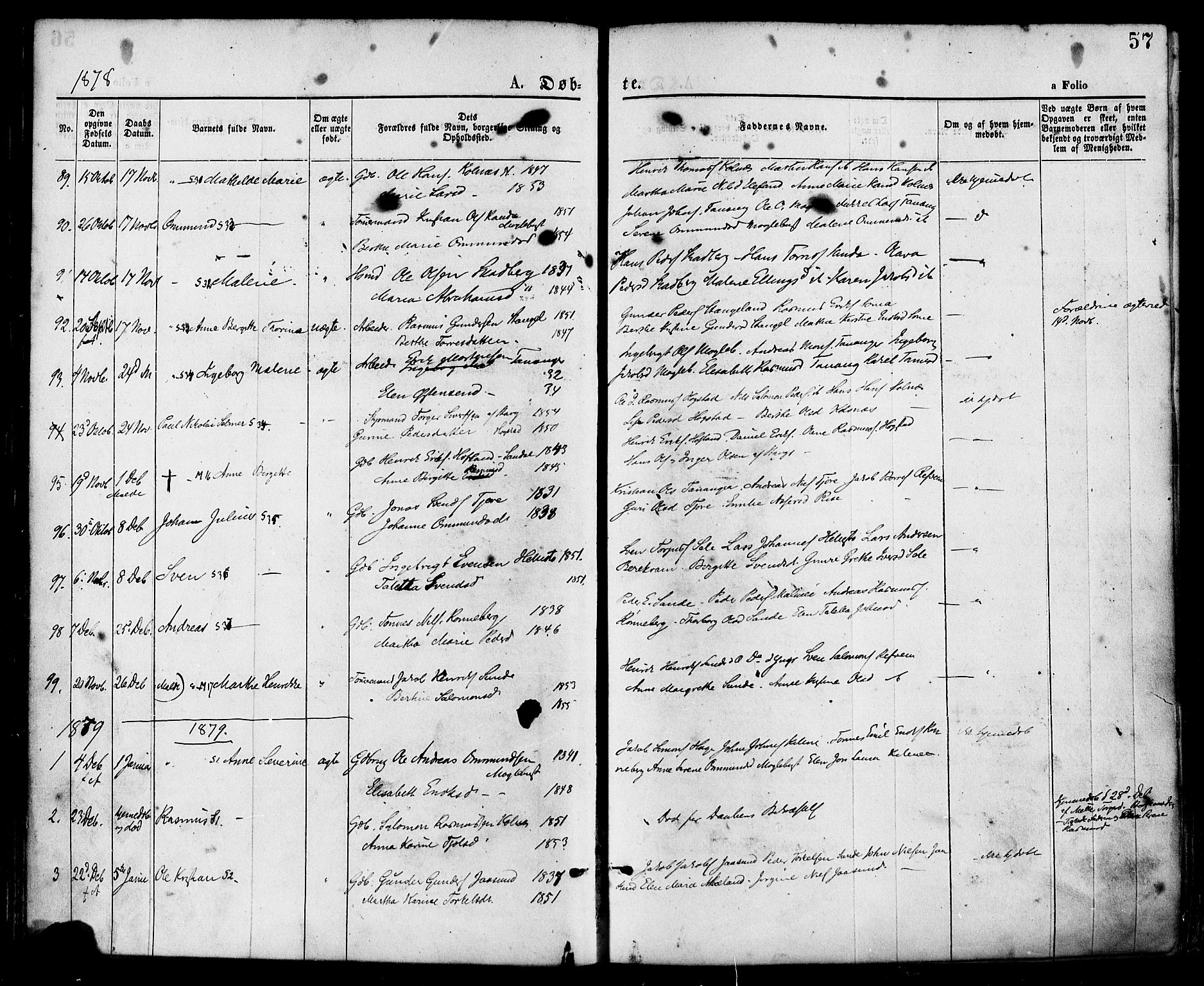 Håland sokneprestkontor, AV/SAST-A-101802/001/30BA/L0009: Ministerialbok nr. A 8, 1871-1882, s. 57