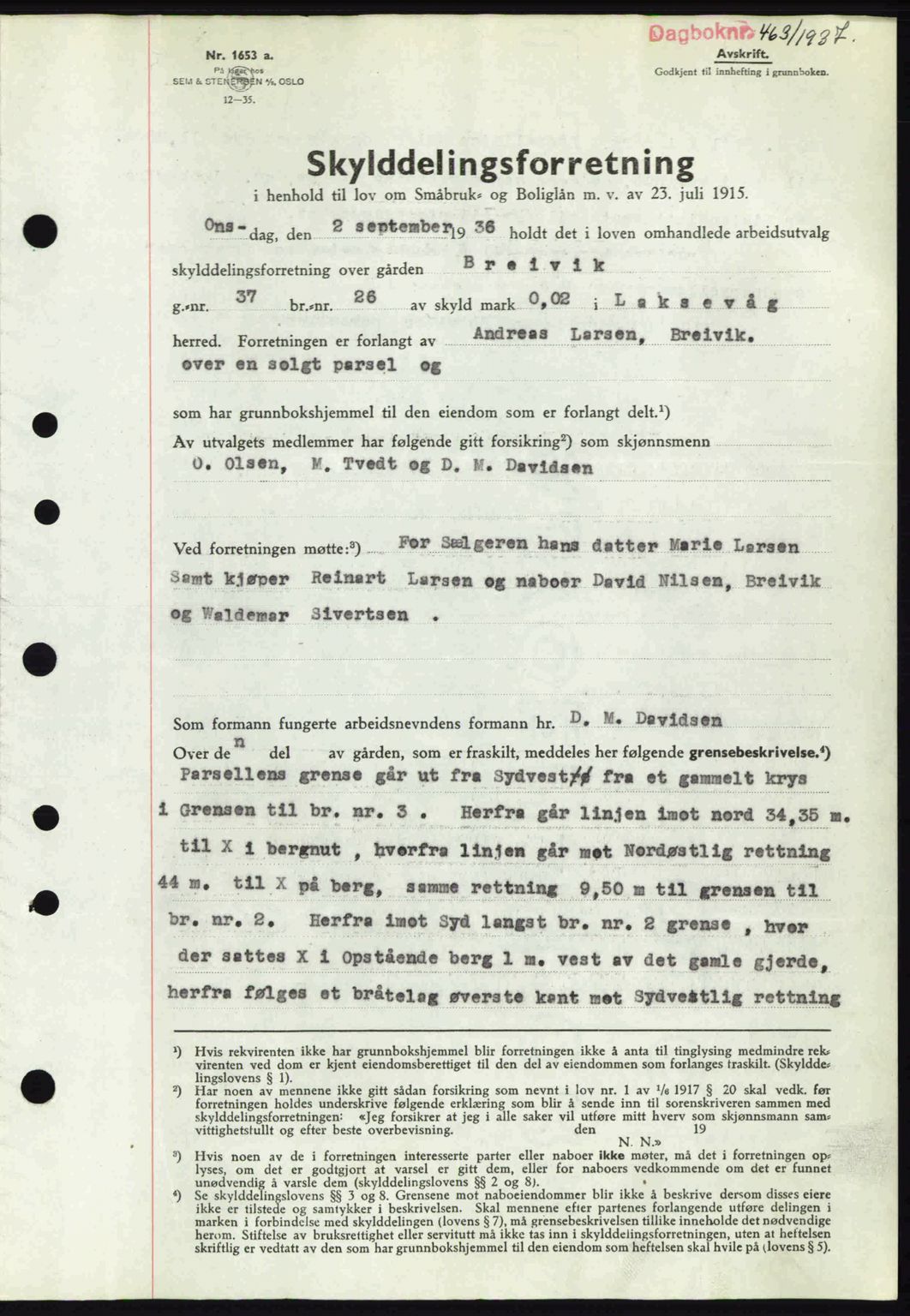 Midhordland sorenskriveri, SAB/A-3001/1/G/Gb/Gbk/L0001: Pantebok nr. A1-6, 1936-1937, Dagboknr: 463/1937