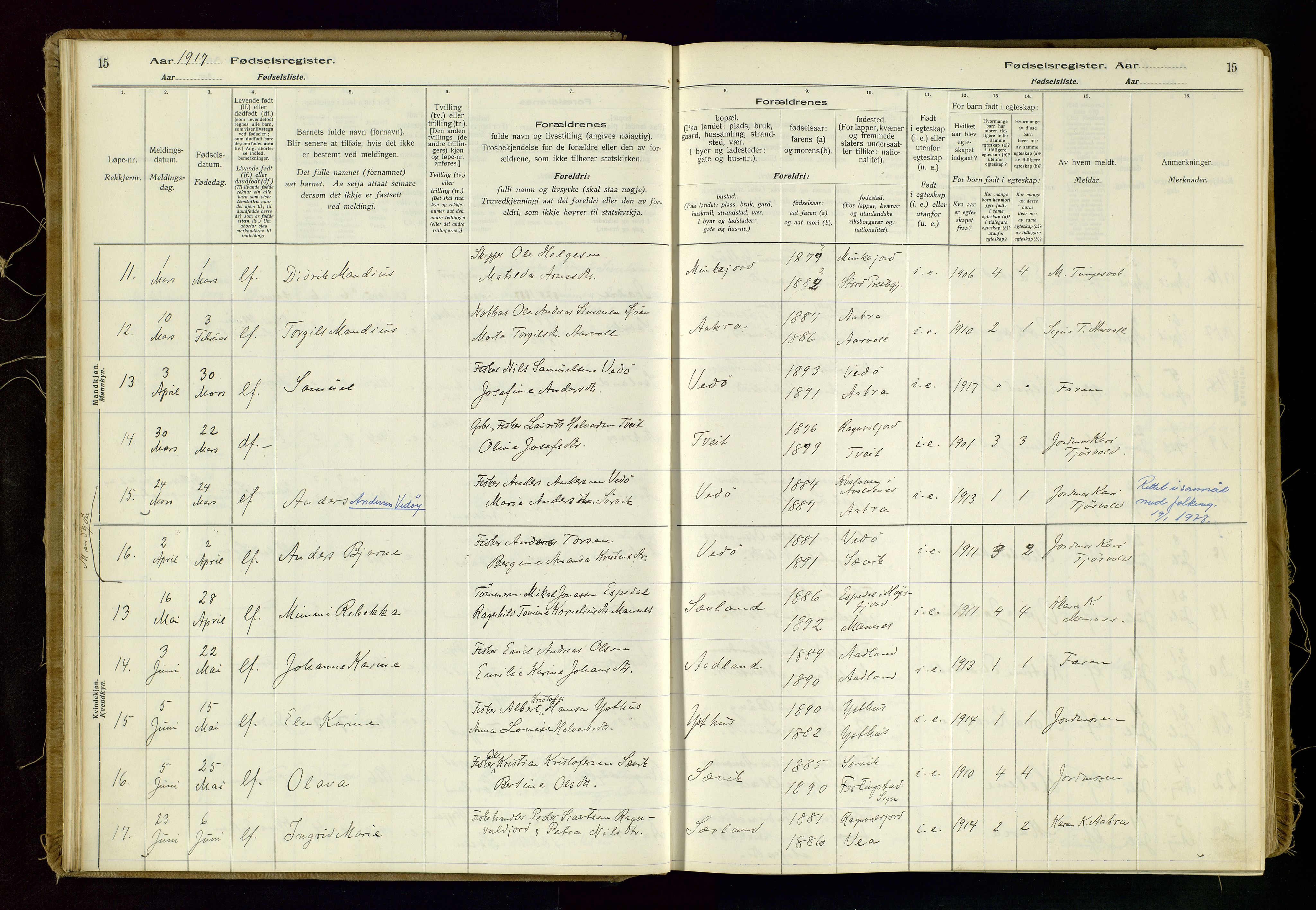 Kopervik sokneprestkontor, SAST/A-101850/I/Id/L0006: Fødselsregister nr. 6, 1916-1934, s. 15