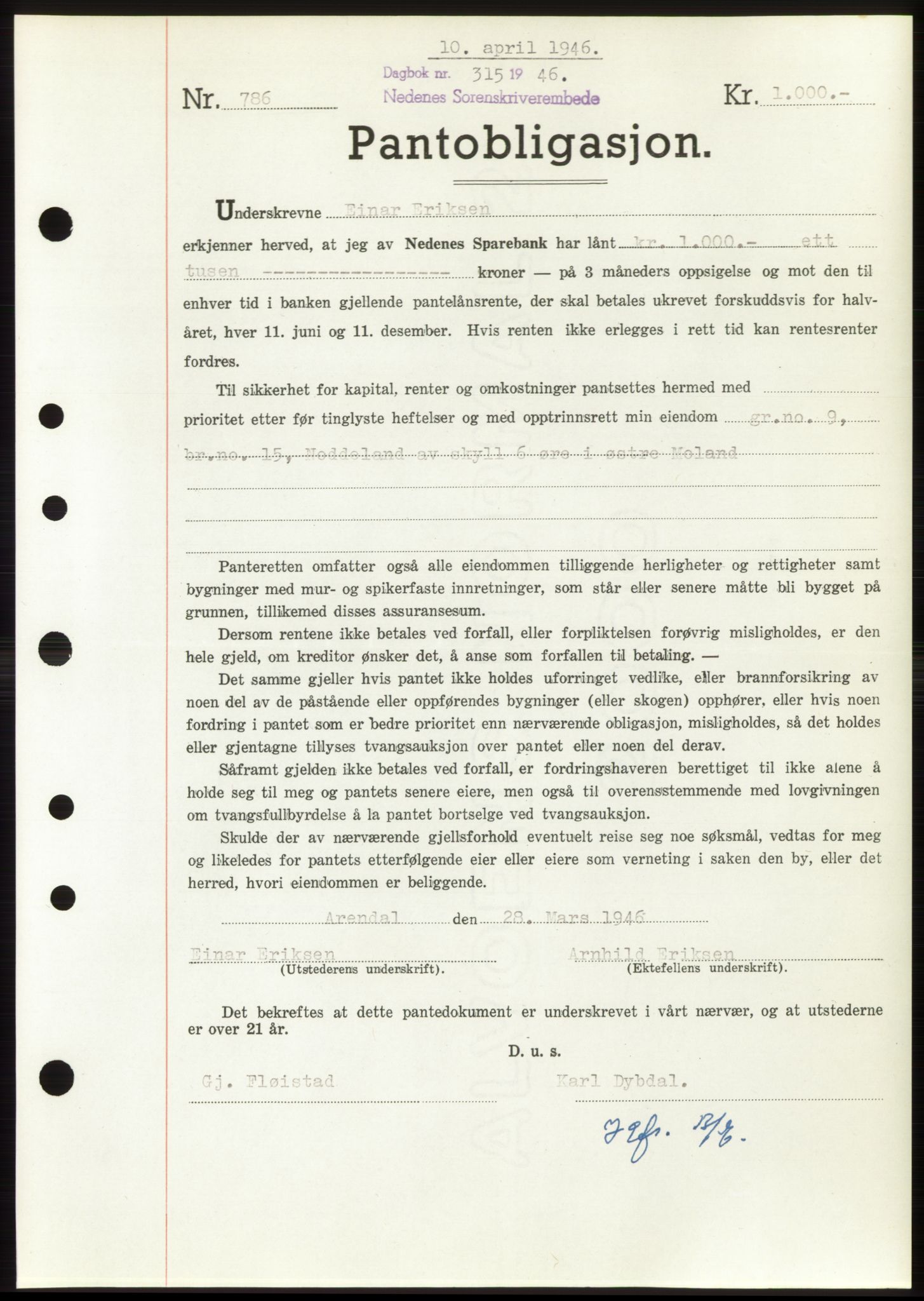 Nedenes sorenskriveri, SAK/1221-0006/G/Gb/Gbb/L0003: Pantebok nr. B3b, 1946-1946, Dagboknr: 315/1946