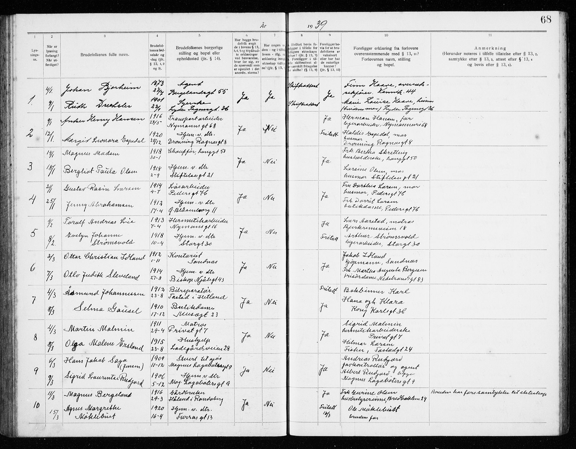 St. Petri sokneprestkontor, AV/SAST-A-101813/001/70/705BA/L0008: Lysningsprotokoll nr. 705.BA.8, 1932-1941, s. 68