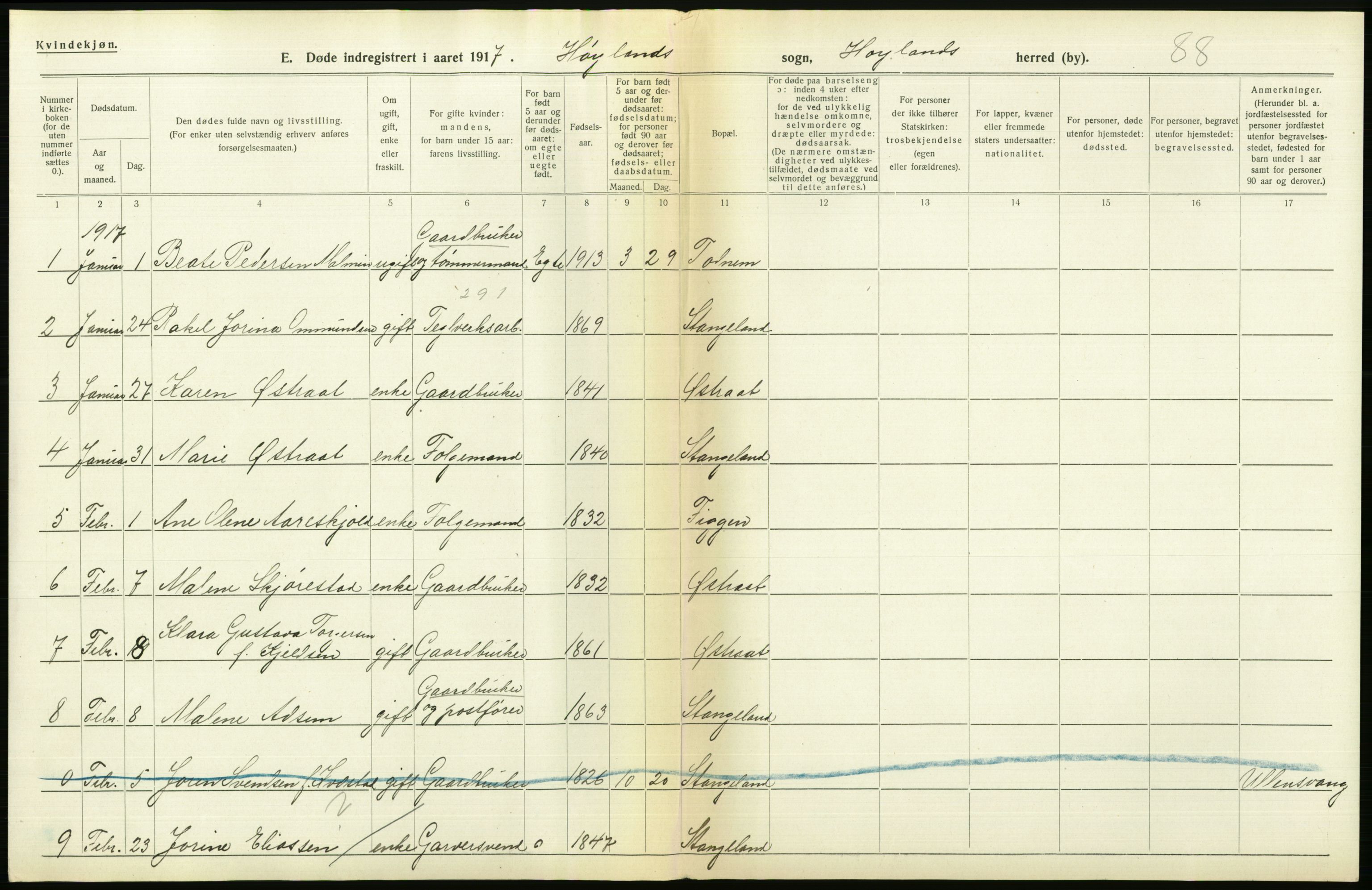 Statistisk sentralbyrå, Sosiodemografiske emner, Befolkning, RA/S-2228/D/Df/Dfb/Dfbg/L0033: Stavanger amt: Døde, dødfødte. Bygder og byer., 1917, s. 214