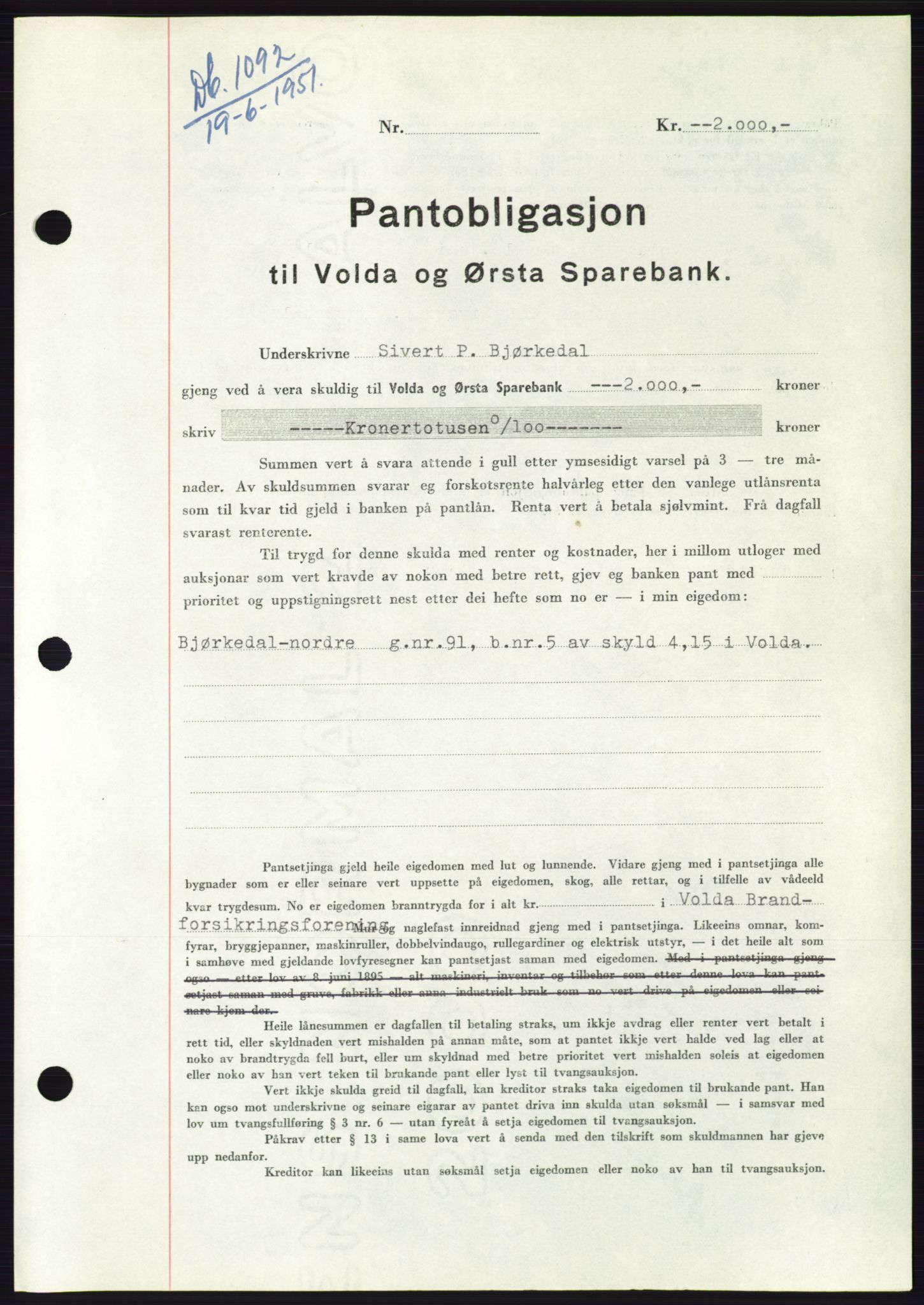 Søre Sunnmøre sorenskriveri, SAT/A-4122/1/2/2C/L0120: Pantebok nr. 8B, 1951-1951, Dagboknr: 1092/1951