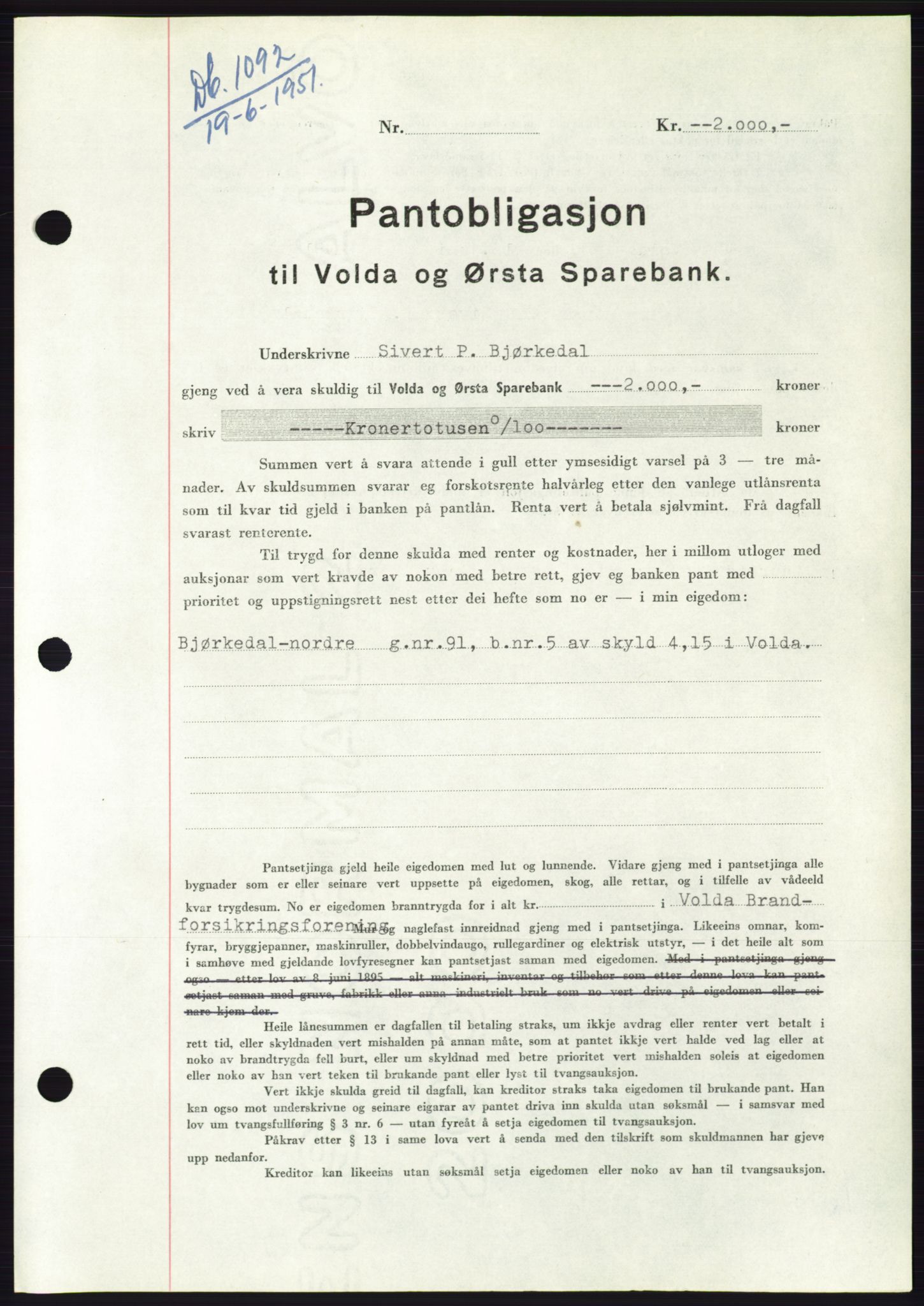 Søre Sunnmøre sorenskriveri, AV/SAT-A-4122/1/2/2C/L0120: Pantebok nr. 8B, 1951-1951, Dagboknr: 1092/1951