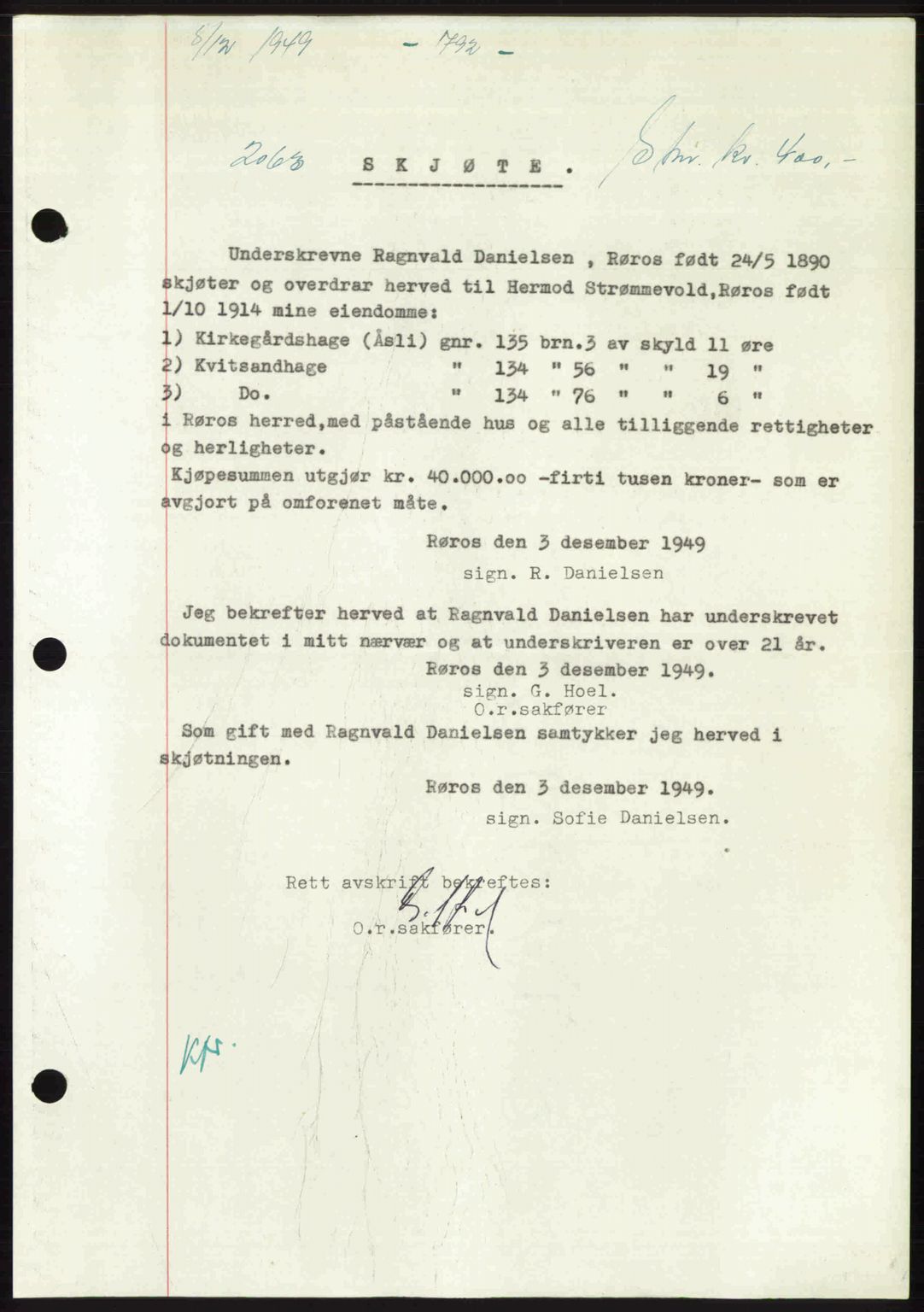 Gauldal sorenskriveri, SAT/A-0014/1/2/2C: Pantebok nr. A9, 1949-1950, Dagboknr: 2063/1949