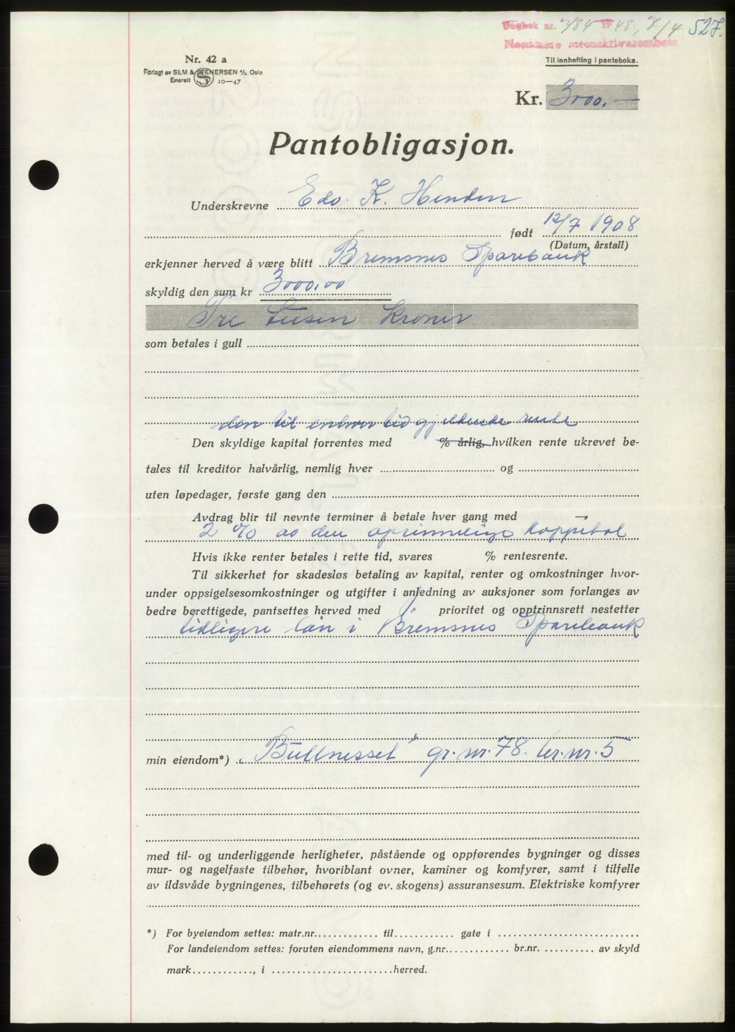 Nordmøre sorenskriveri, SAT/A-4132/1/2/2Ca: Pantebok nr. B98, 1948-1948, Dagboknr: 784/1948