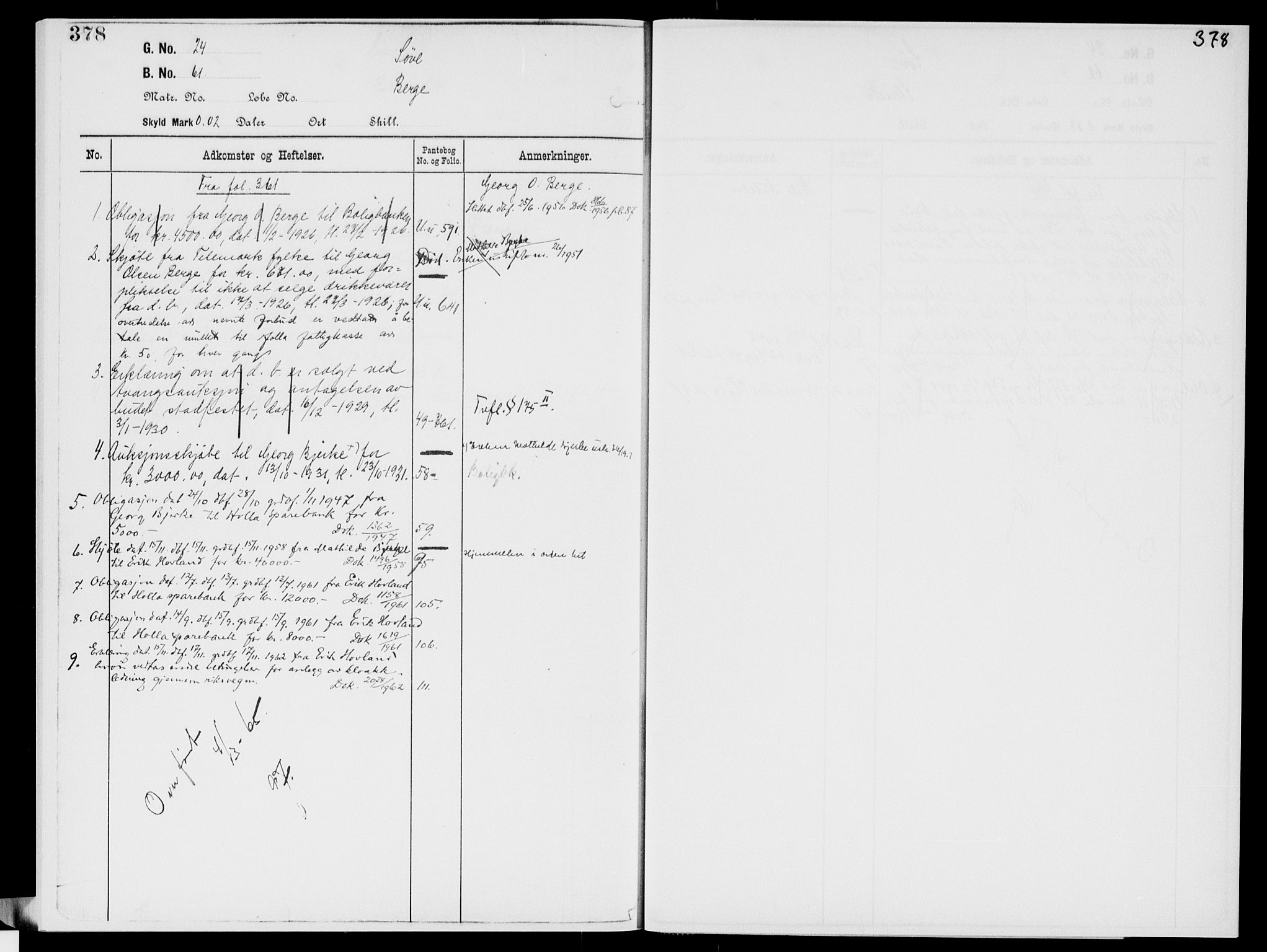 Nedre Telemark sorenskriveri, AV/SAKO-A-135/G/Gb/Gbg/L0002: Panteregister nr. VII 2, s. 378