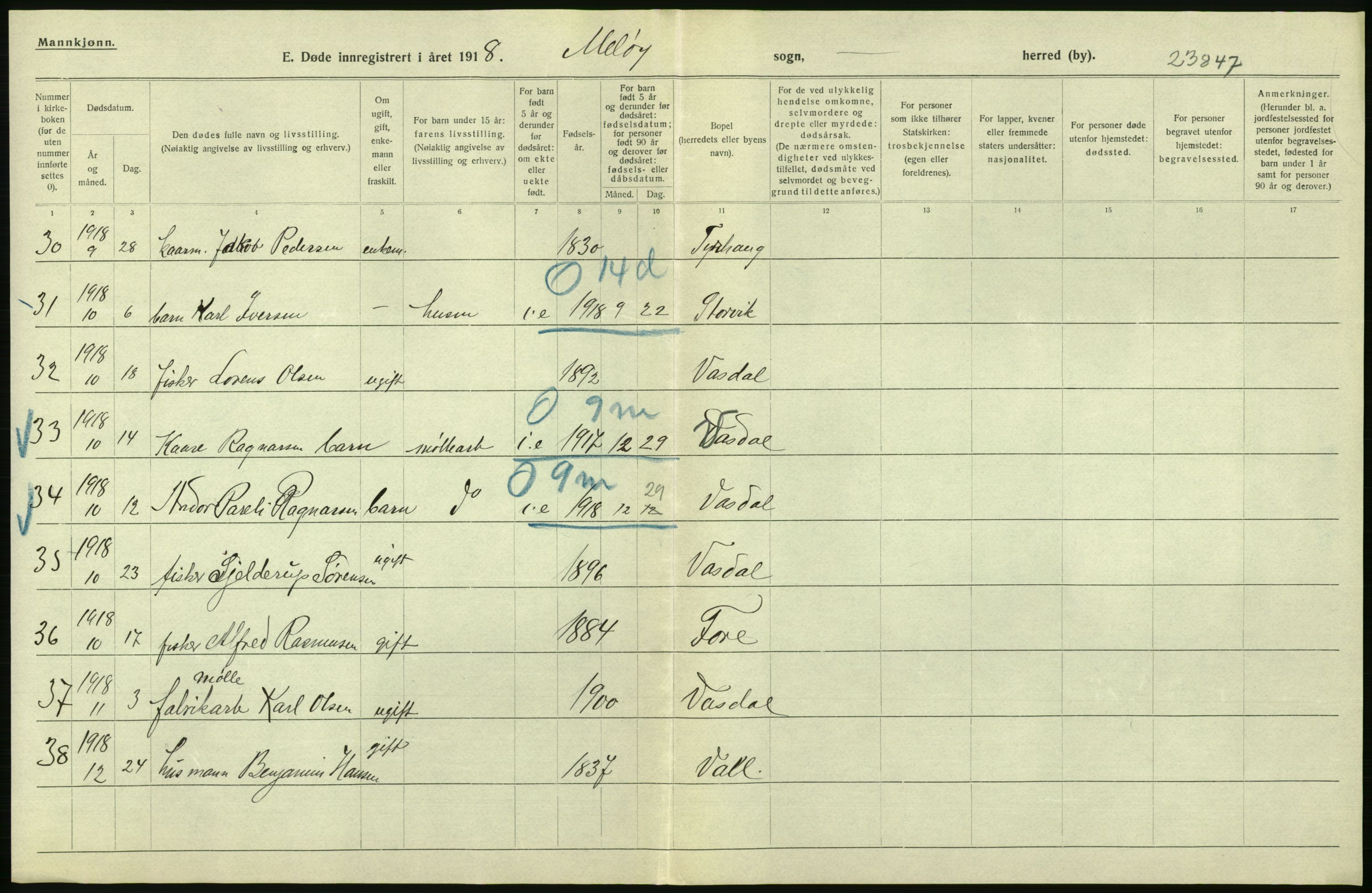 Statistisk sentralbyrå, Sosiodemografiske emner, Befolkning, RA/S-2228/D/Df/Dfb/Dfbh/L0055: Nordland fylke: Døde. Bygder og byer., 1918, s. 172