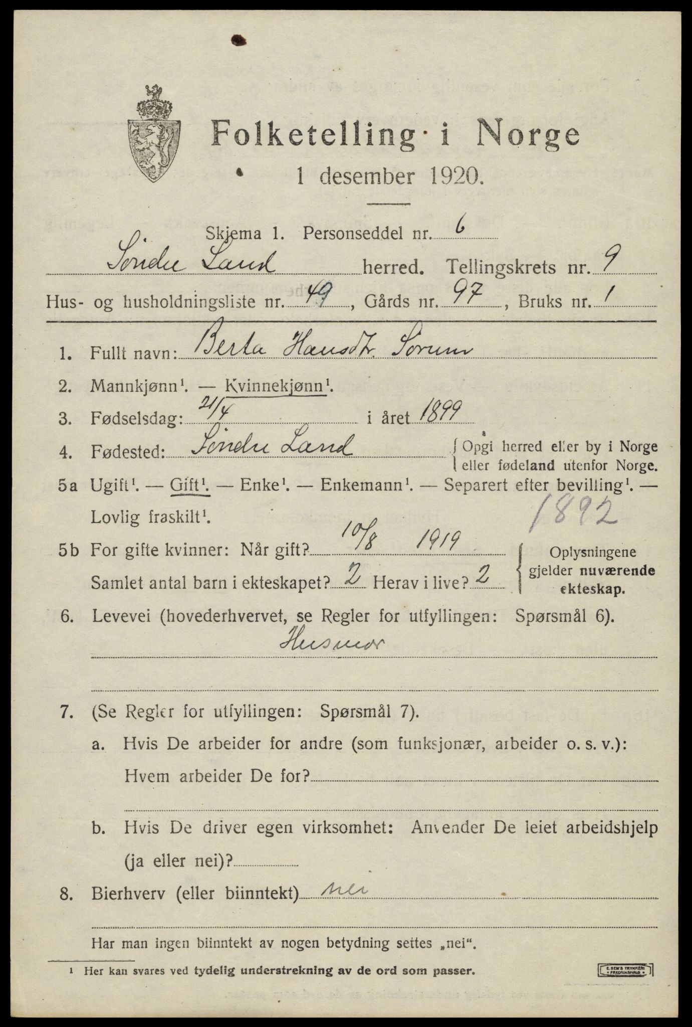 SAH, Folketelling 1920 for 0536 Søndre Land herred, 1920, s. 8763