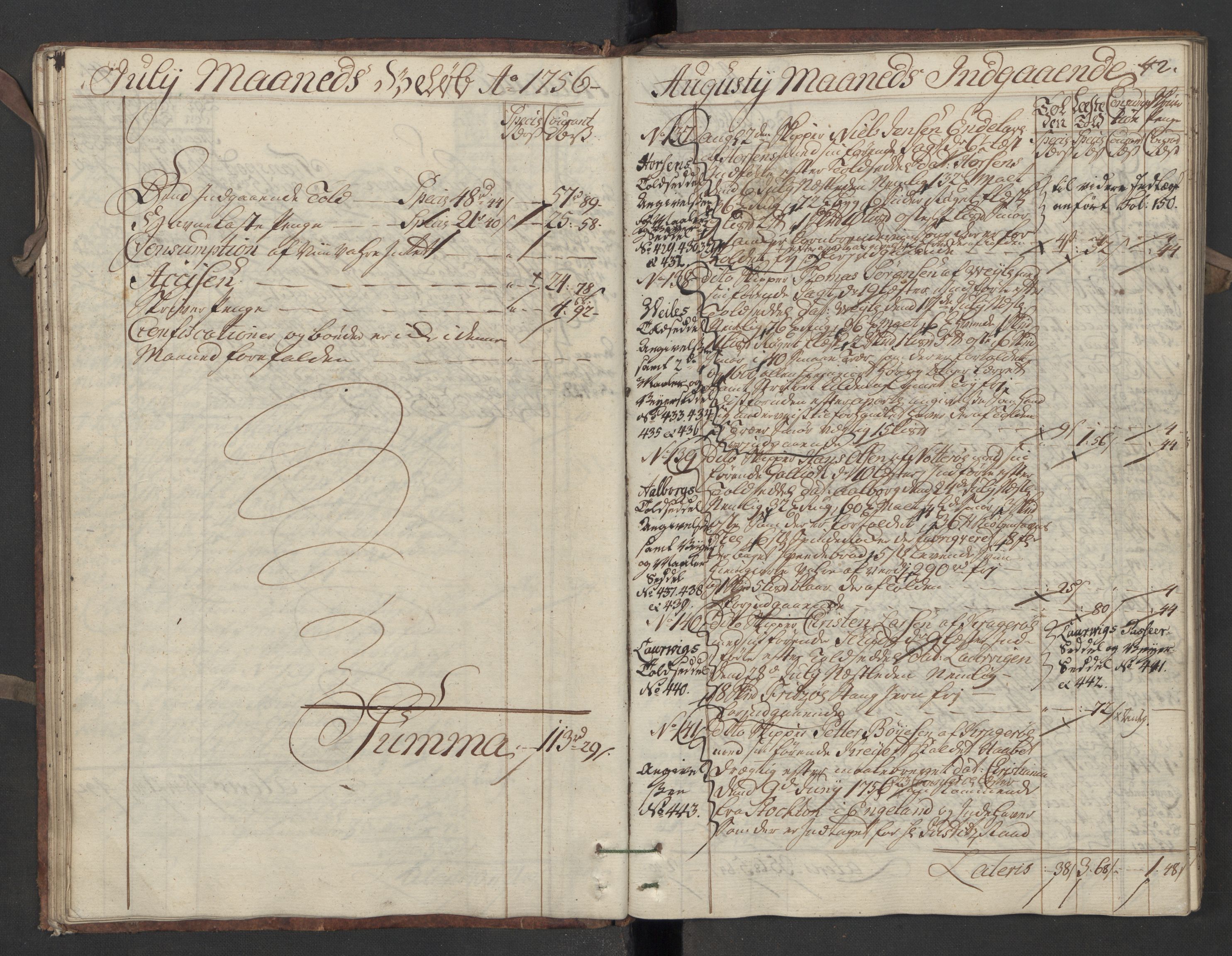 Generaltollkammeret, tollregnskaper, AV/RA-EA-5490/R13/L0020/0001: Tollregnskaper Kragerø / Inngående hovedtollbok, 1756, s. 41b-42a