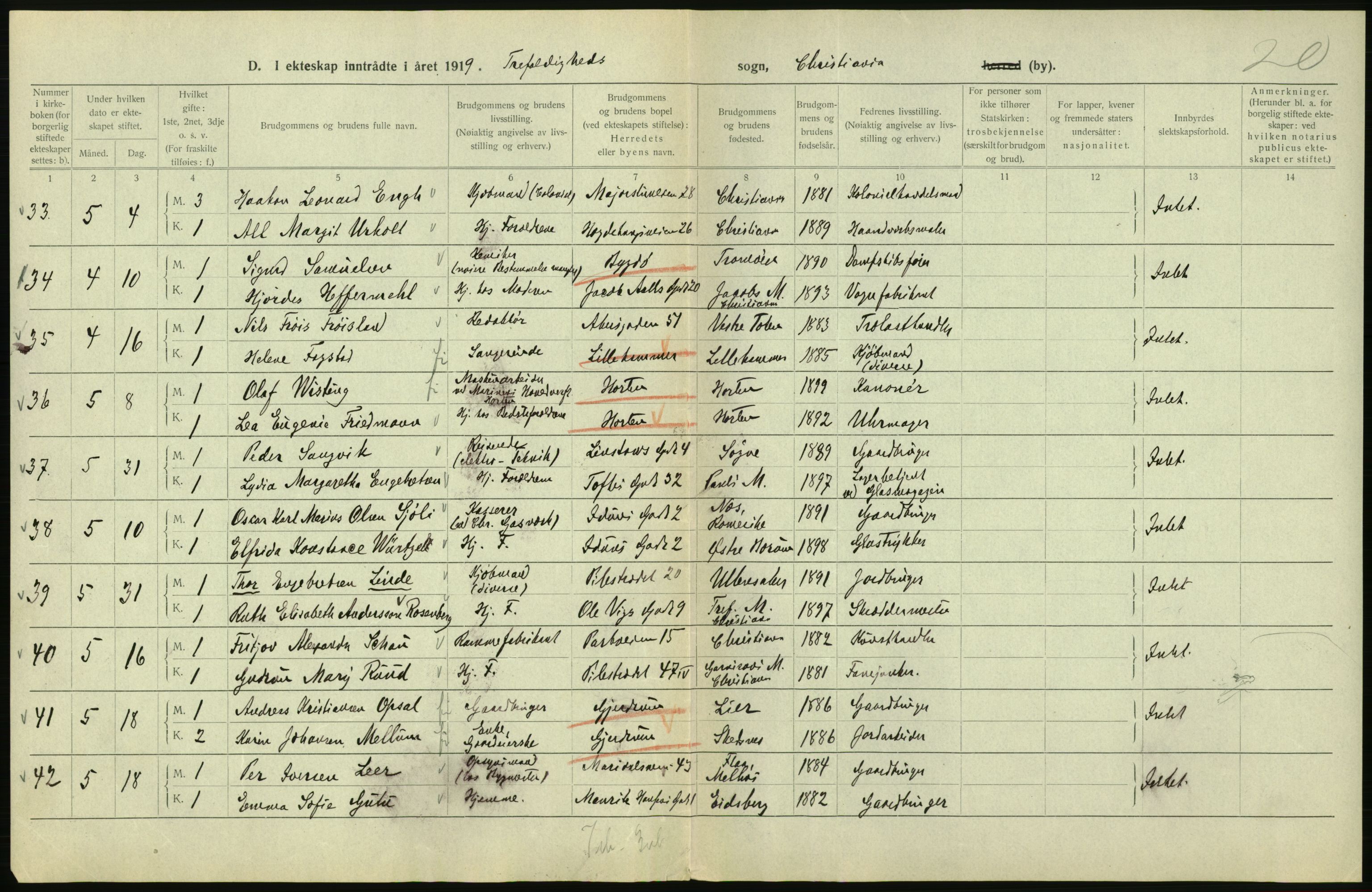 Statistisk sentralbyrå, Sosiodemografiske emner, Befolkning, AV/RA-S-2228/D/Df/Dfb/Dfbi/L0009: Kristiania: Gifte, 1919, s. 72