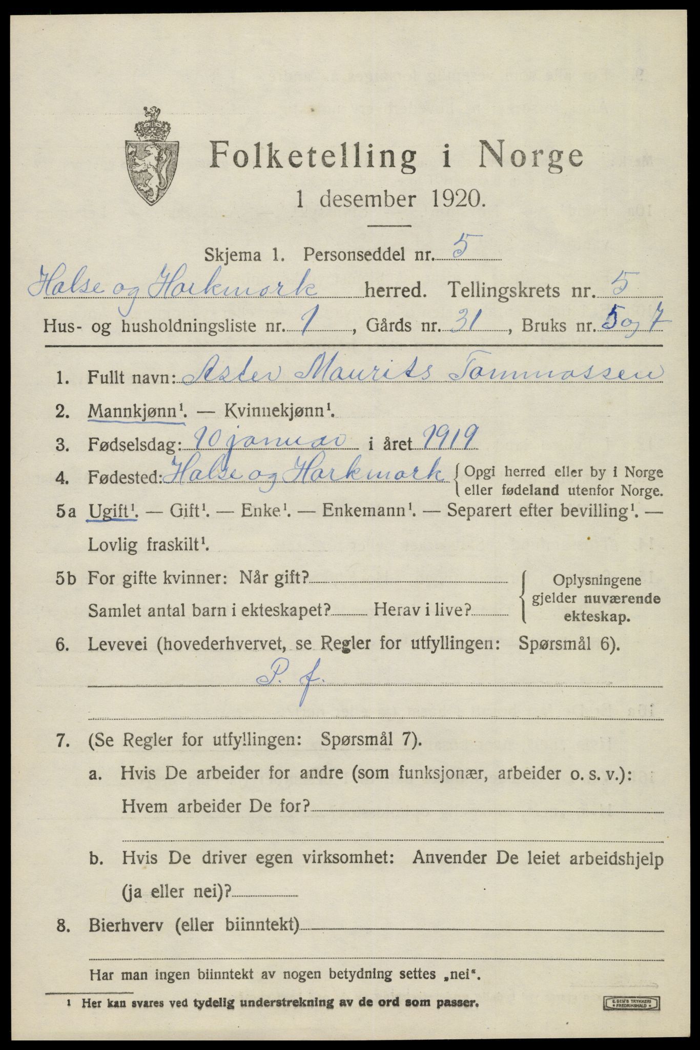 SAK, Folketelling 1920 for 1019 Halse og Harkmark herred, 1920, s. 3048