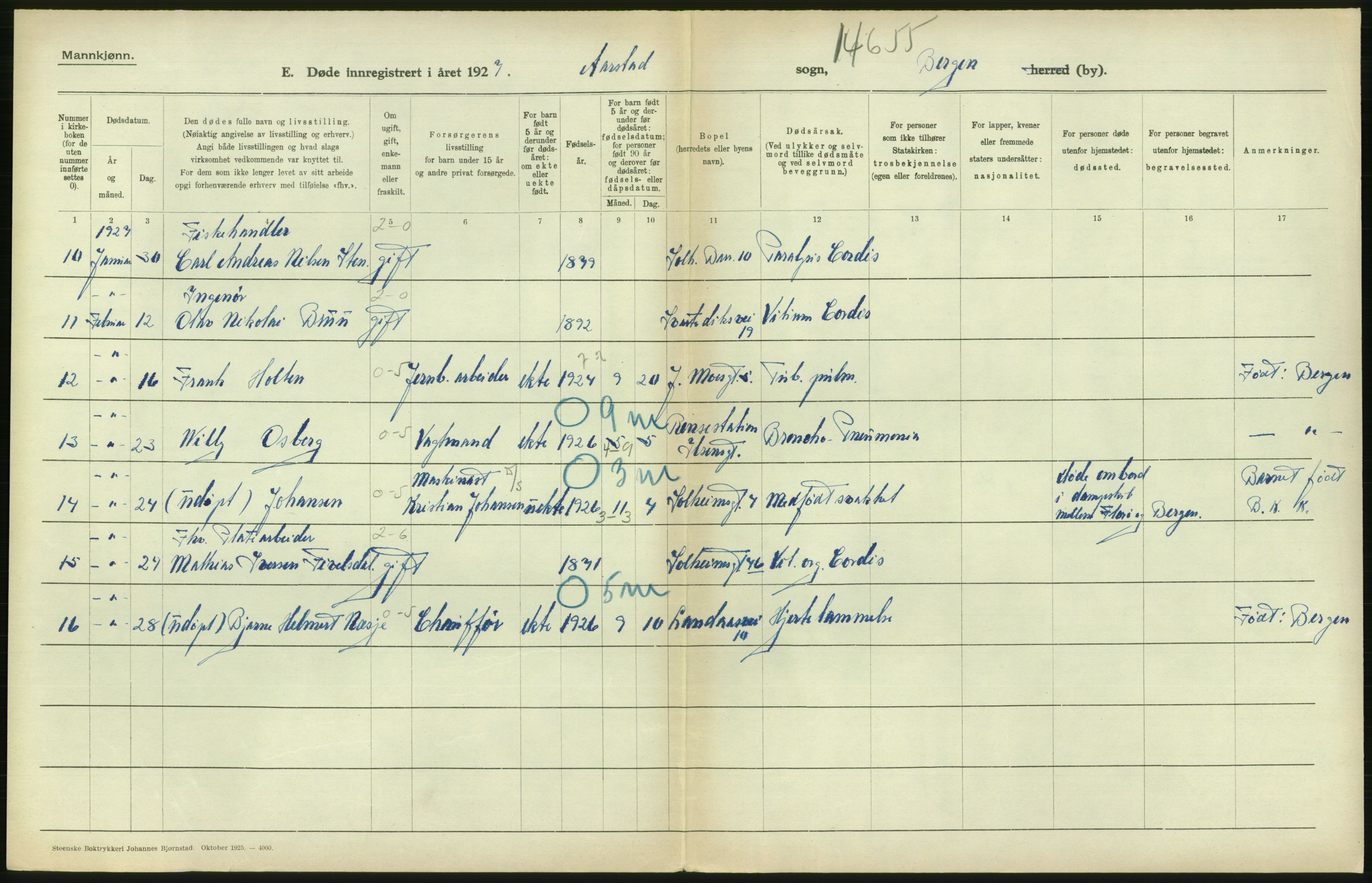 Statistisk sentralbyrå, Sosiodemografiske emner, Befolkning, AV/RA-S-2228/D/Df/Dfc/Dfcg/L0028: Bergen: Gifte, døde., 1927, s. 646