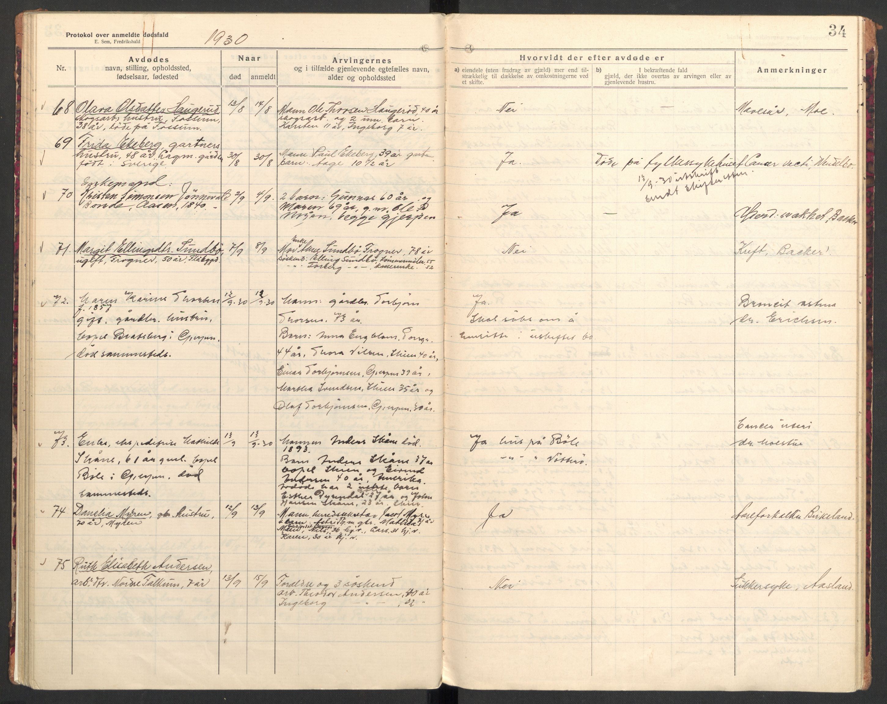 Gjerpen og Siljan lensmannskontor, AV/SAKO-A-555/H/Ha/L0003: Dødsfallsprotokoll, 1922-1931, s. 34