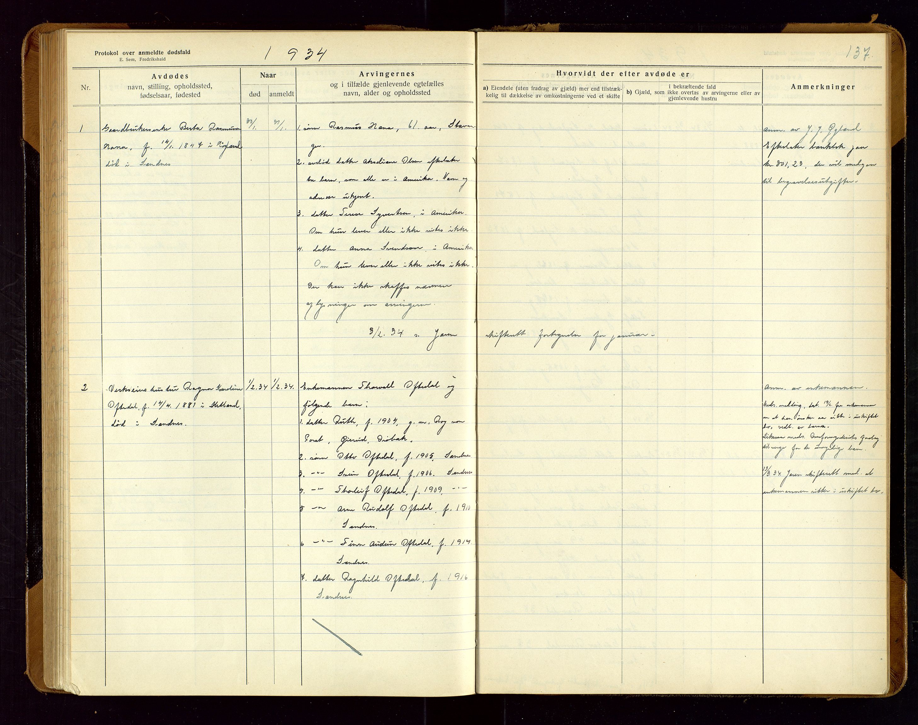 Sandnes lensmannskontor, SAST/A-100167/Gga/L0001: "Protokol over anmeldte dødsfald" m/register, 1918-1940, s. 137
