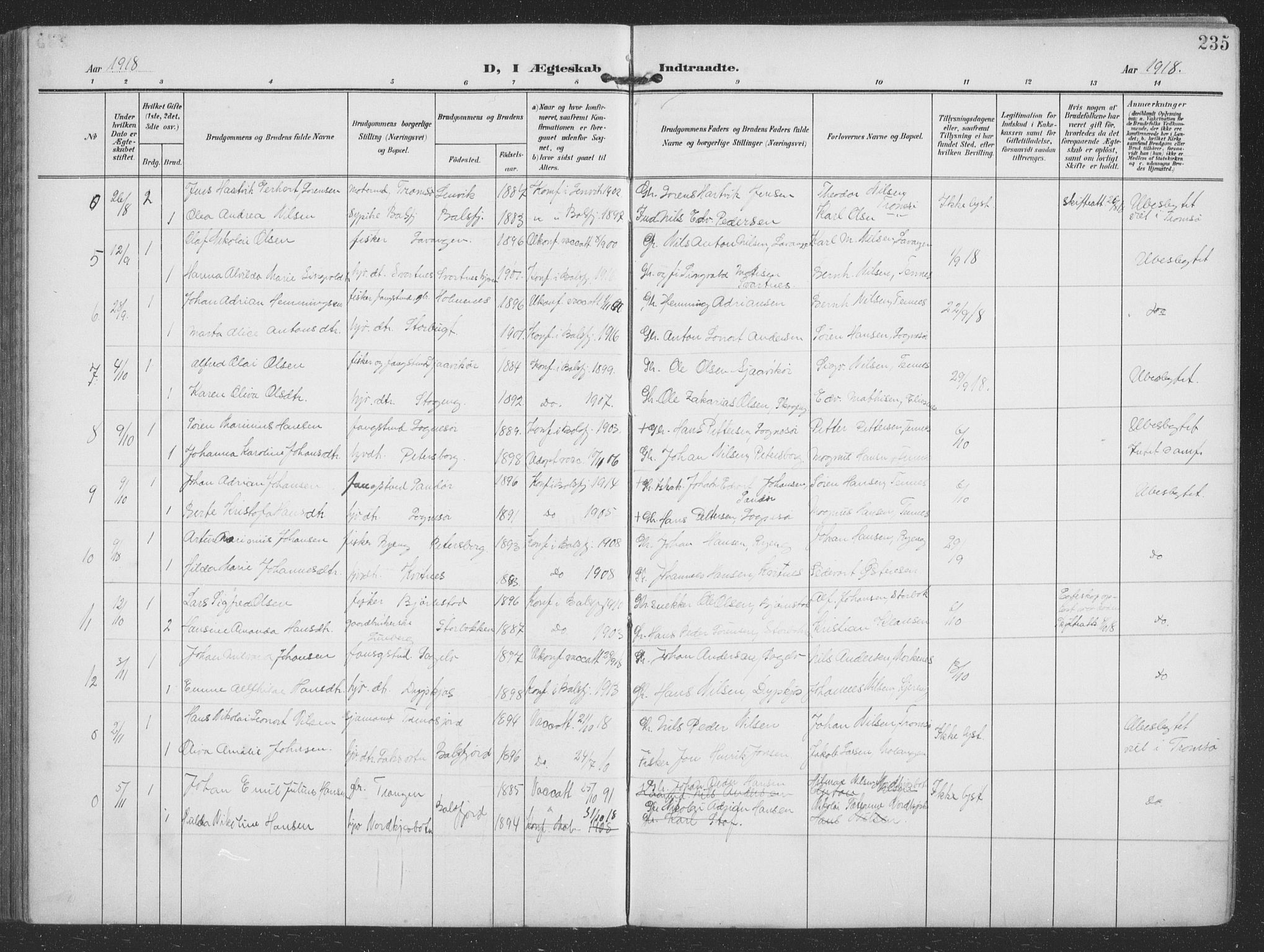Balsfjord sokneprestembete, AV/SATØ-S-1303/G/Ga/L0009klokker: Klokkerbok nr. 9, 1906-1920, s. 235