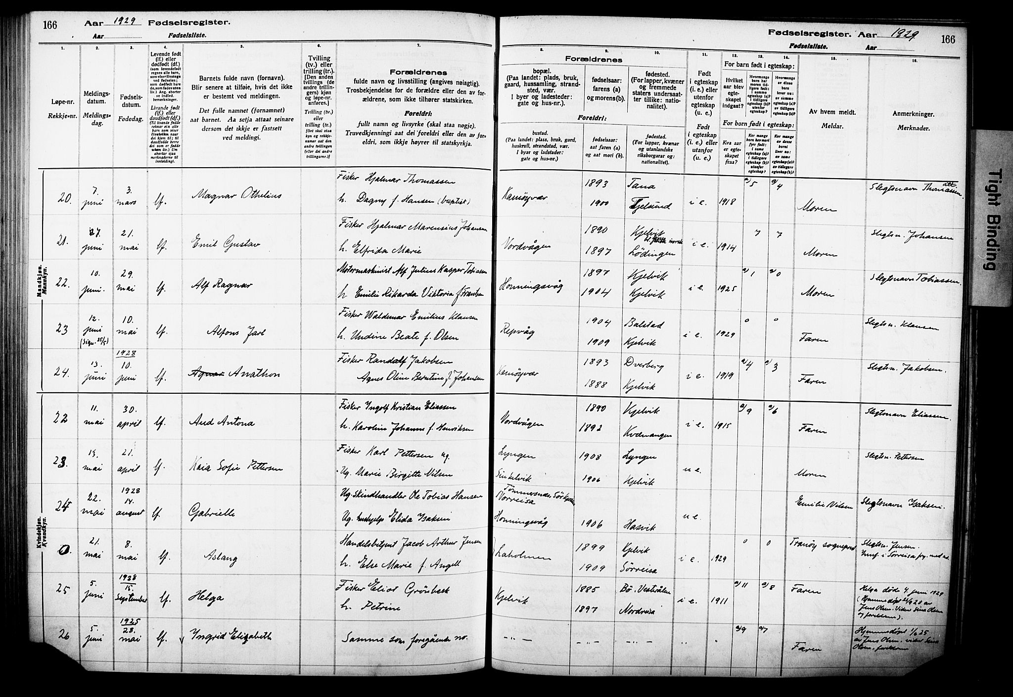 Kjelvik/Nordkapp sokneprestkontor, AV/SATØ-S-1350/I/Ia/L0015: Fødselsregister nr. 15, 1916-1930, s. 166