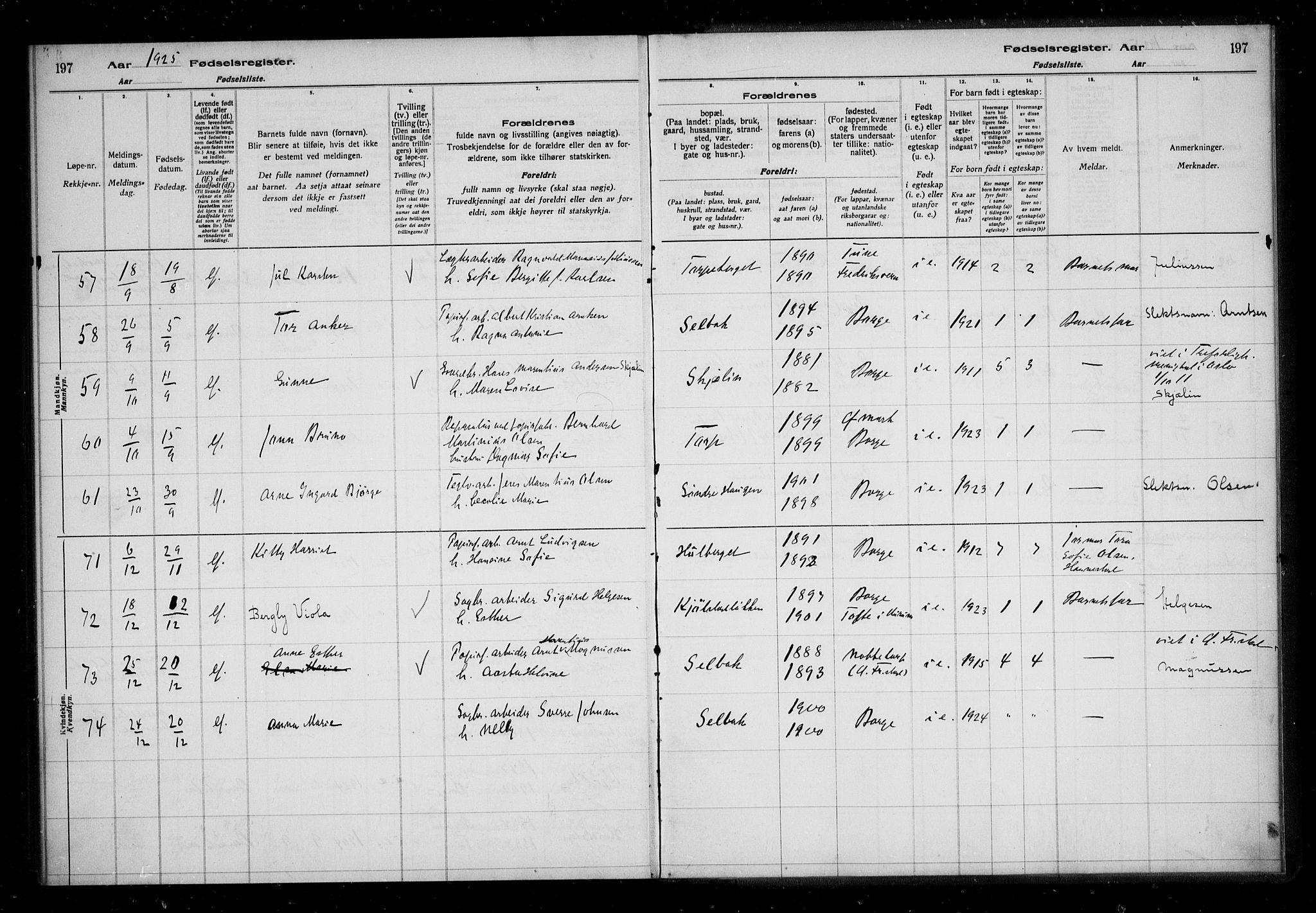 Borge prestekontor Kirkebøker, AV/SAO-A-10903/J/Ja/L0001: Fødselsregister nr. I 1, 1916-1925, s. 197
