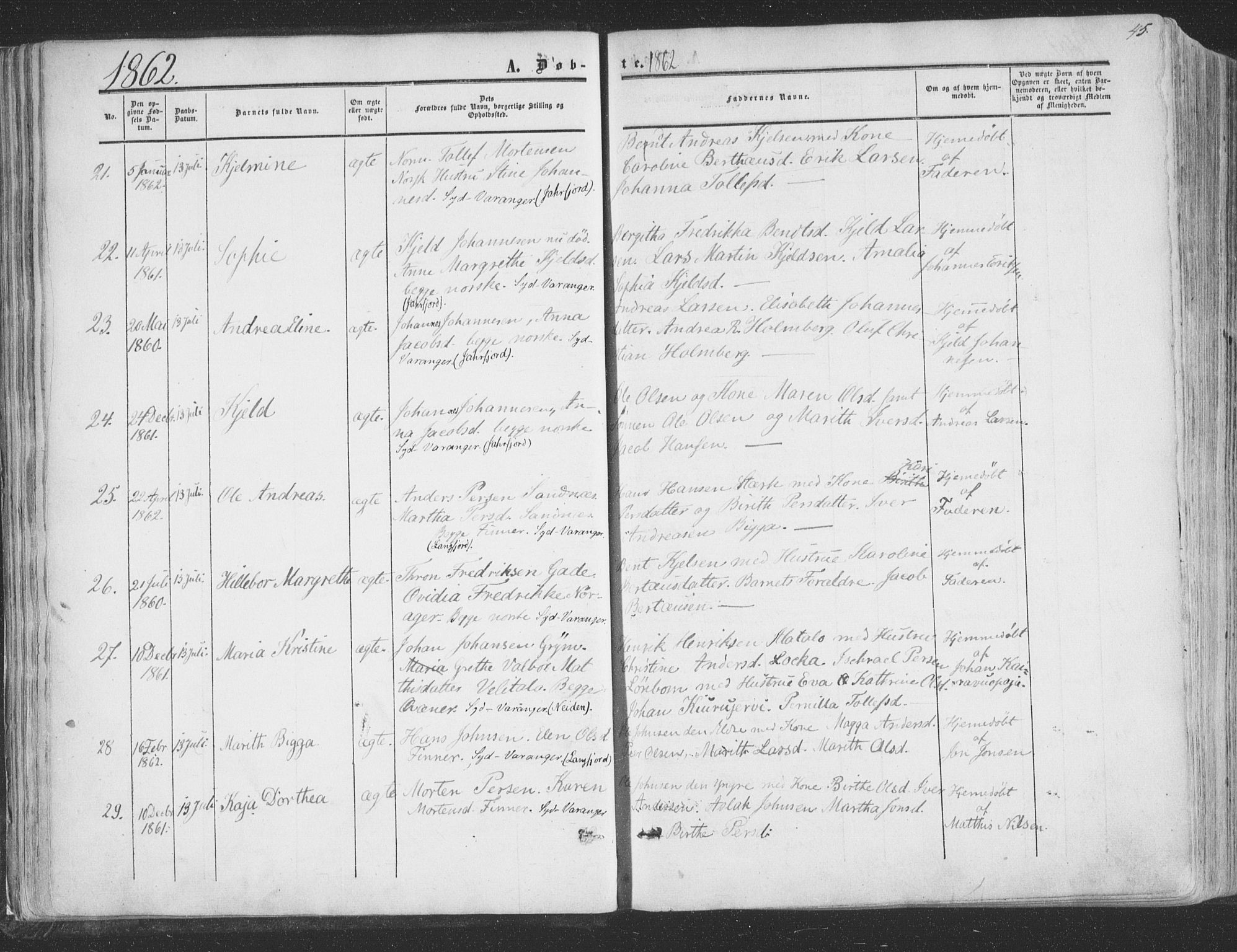 Vadsø sokneprestkontor, AV/SATØ-S-1325/H/Ha/L0004kirke: Ministerialbok nr. 4, 1854-1880, s. 45