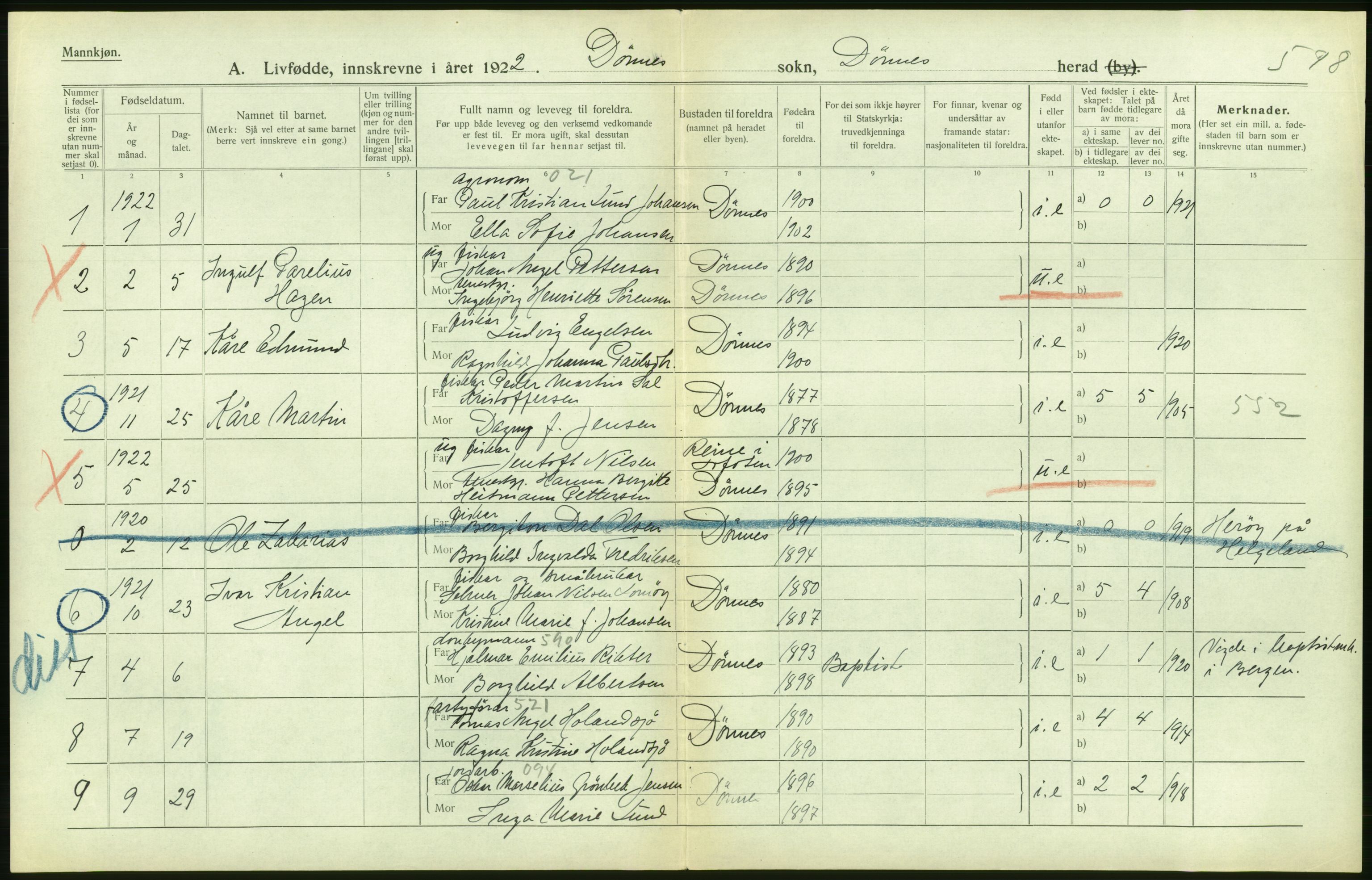 Statistisk sentralbyrå, Sosiodemografiske emner, Befolkning, AV/RA-S-2228/D/Df/Dfc/Dfcb/L0044: Nordland fylke: Levendefødte menn og kvinner. Bygder og byer., 1922, s. 208