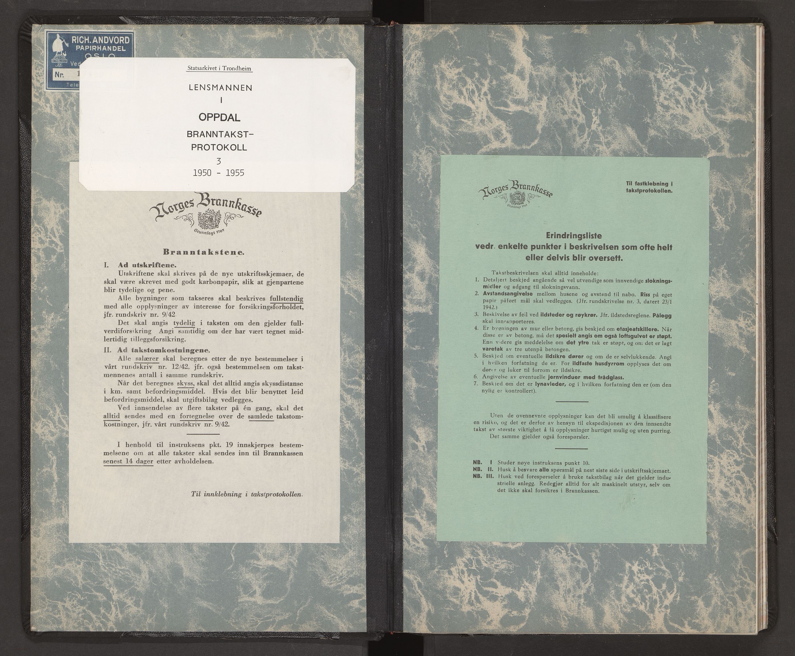 Norges Brannkasse Oppdal, SAT/A-5527/Fa/L0003: Branntakstprotokoll med tekst, 1950-1955