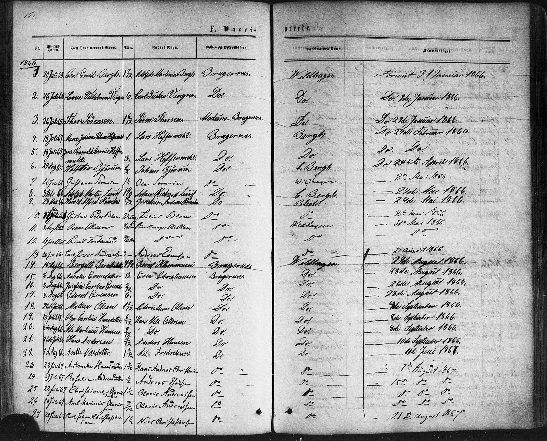 Bragernes kirkebøker, AV/SAKO-A-6/F/Fc/L0003: Ministerialbok nr. III 3, 1865-1874, s. 151