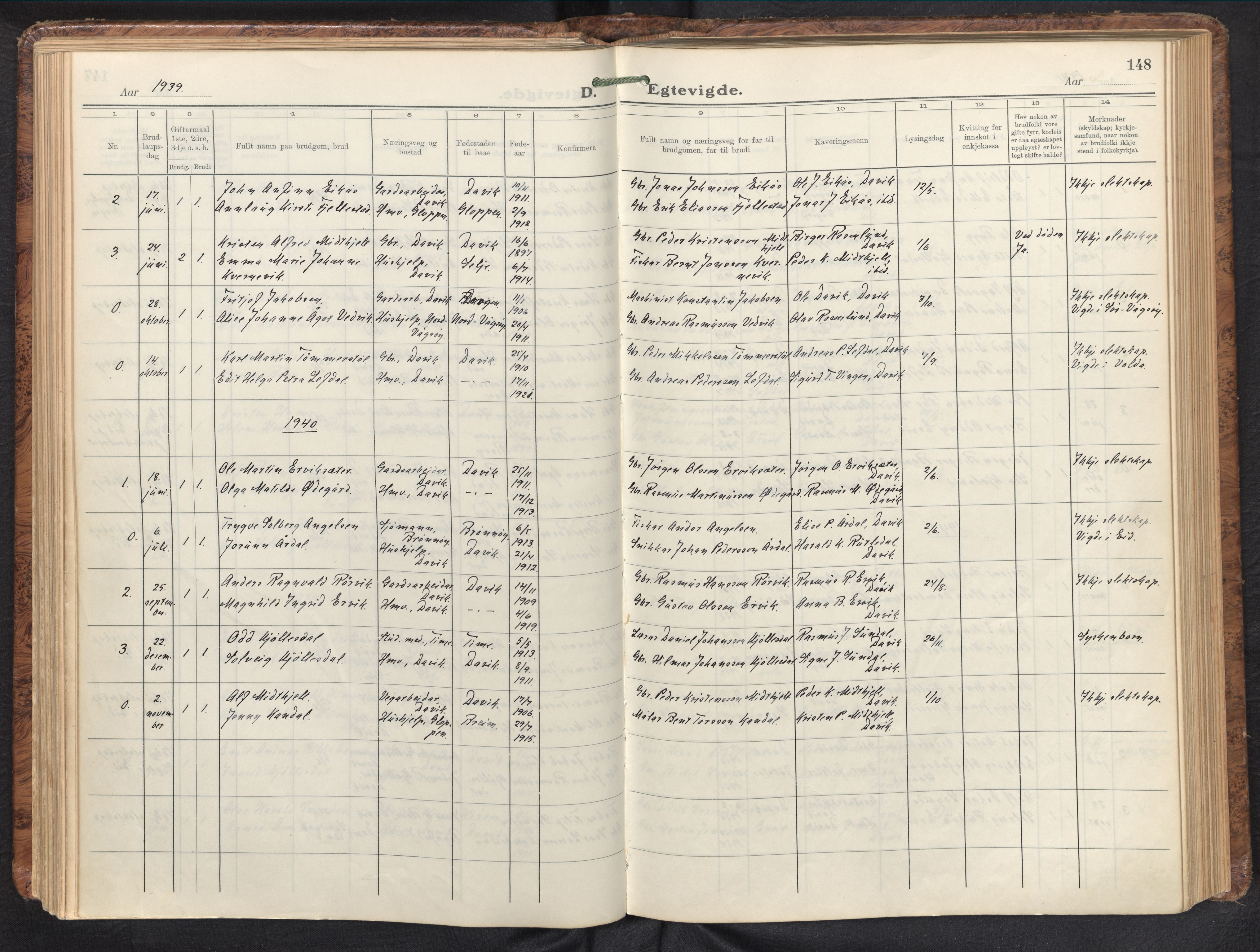 Davik sokneprestembete, AV/SAB-A-79701/H/Haa/Haab/L0003: Ministerialbok nr. B 3, 1935-1965, s. 147b-148a