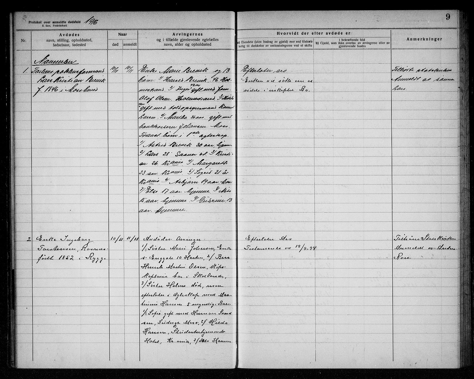 Rygge lensmannskontor, AV/SAO-A-10005/H/Ha/Haa/L0006: Dødsfallsprotokoll, 1916-1920, s. 9
