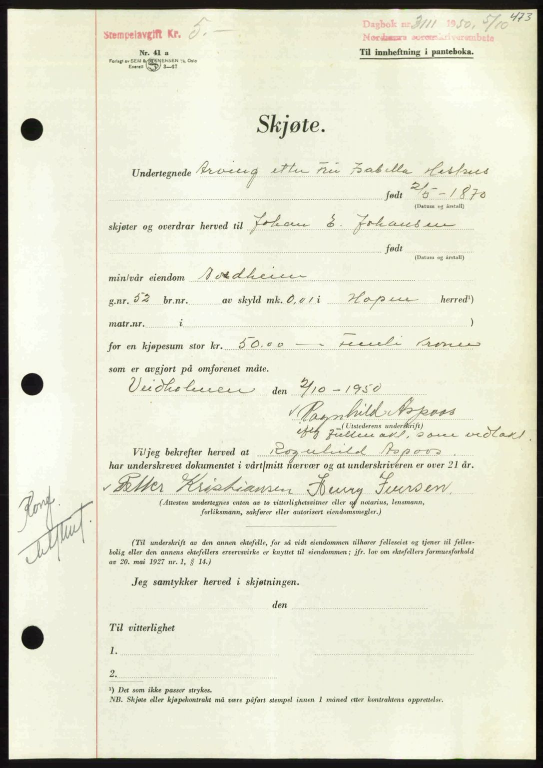 Nordmøre sorenskriveri, AV/SAT-A-4132/1/2/2Ca: Pantebok nr. A116, 1950-1950, Dagboknr: 3111/1950