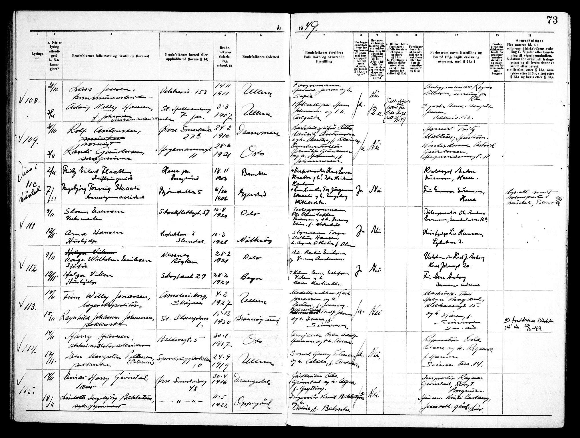 Ullern prestekontor Kirkebøker, AV/SAO-A-10740/H/L0005: Lysningsprotokoll nr. 5, 1946-1951, s. 73