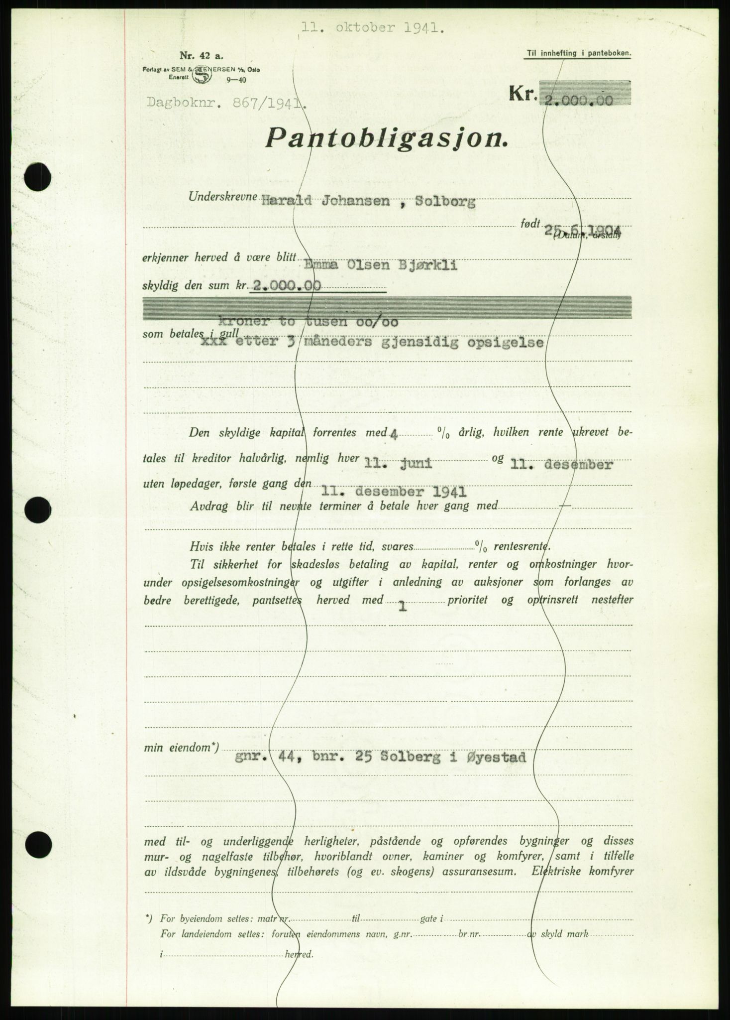 Nedenes sorenskriveri, AV/SAK-1221-0006/G/Gb/Gbb/L0001: Pantebok nr. I, 1939-1942, Dagboknr: 867/1941