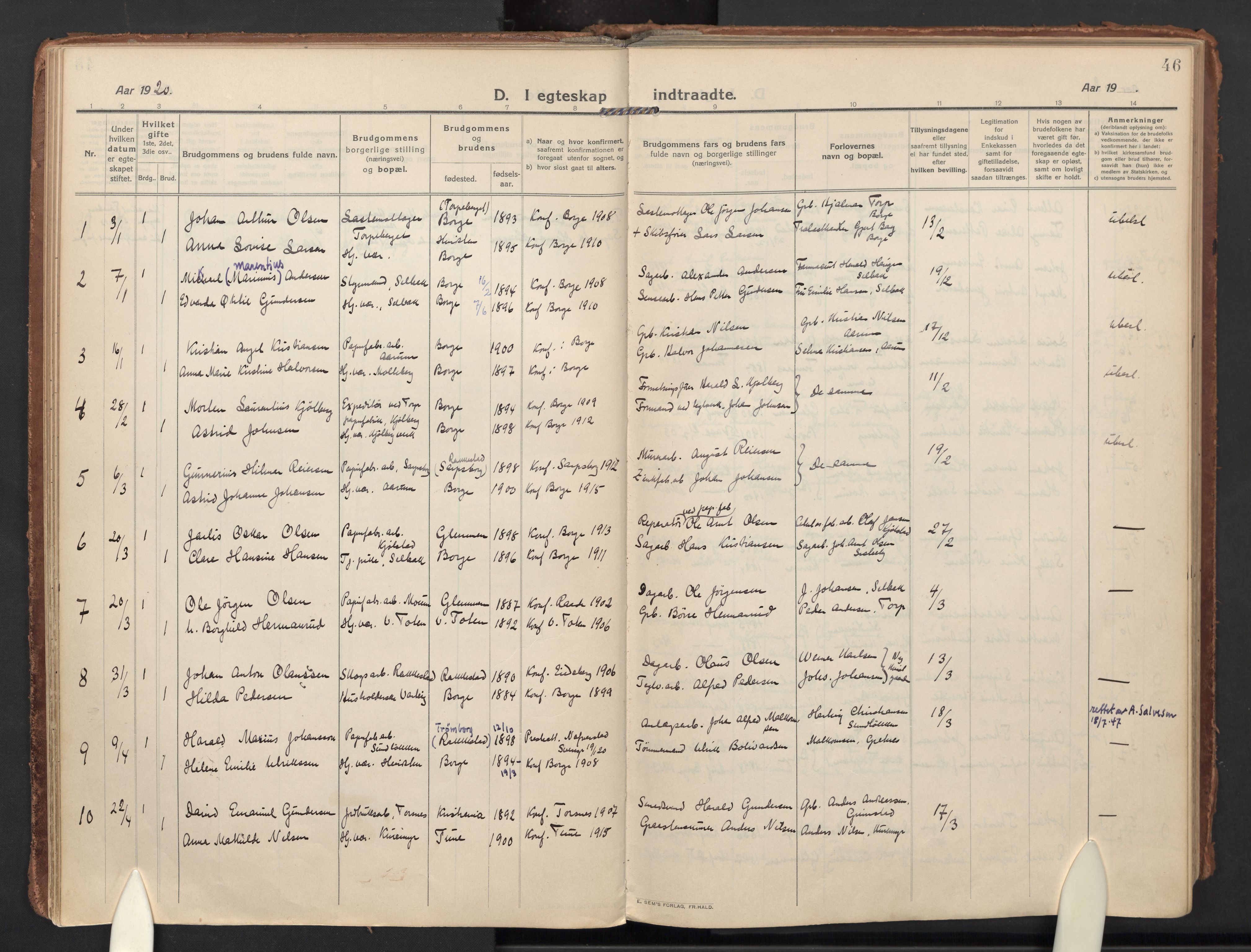 Borge prestekontor Kirkebøker, AV/SAO-A-10903/F/Fa/L0012: Ministerialbok nr. I 12, 1912-1955, s. 46