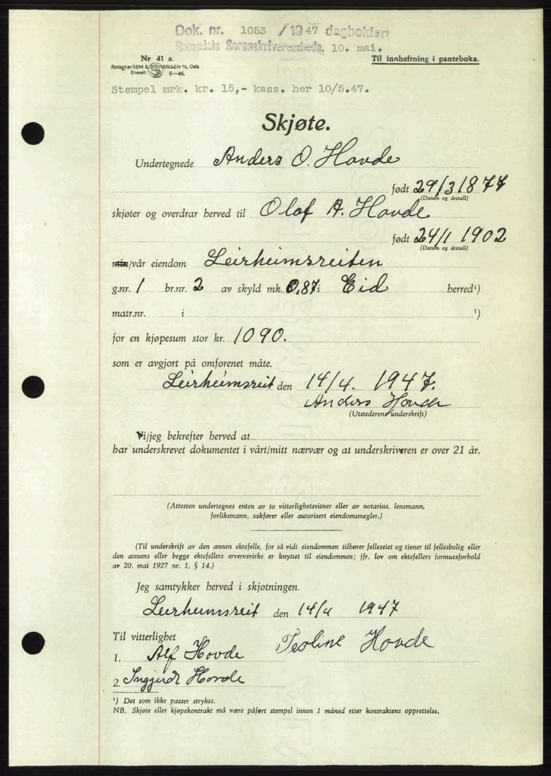 Romsdal sorenskriveri, AV/SAT-A-4149/1/2/2C: Pantebok nr. A23, 1947-1947, Dagboknr: 1053/1947