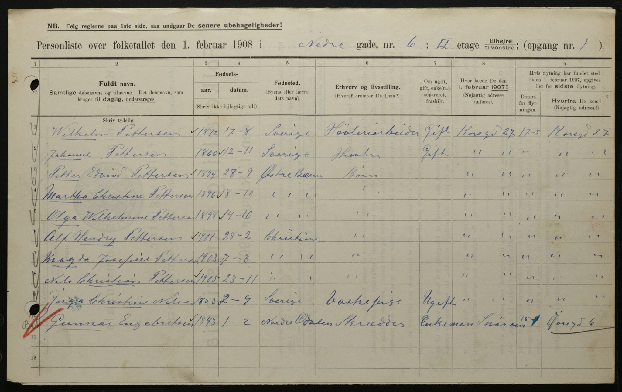 OBA, Kommunal folketelling 1.2.1908 for Kristiania kjøpstad, 1908, s. 62001