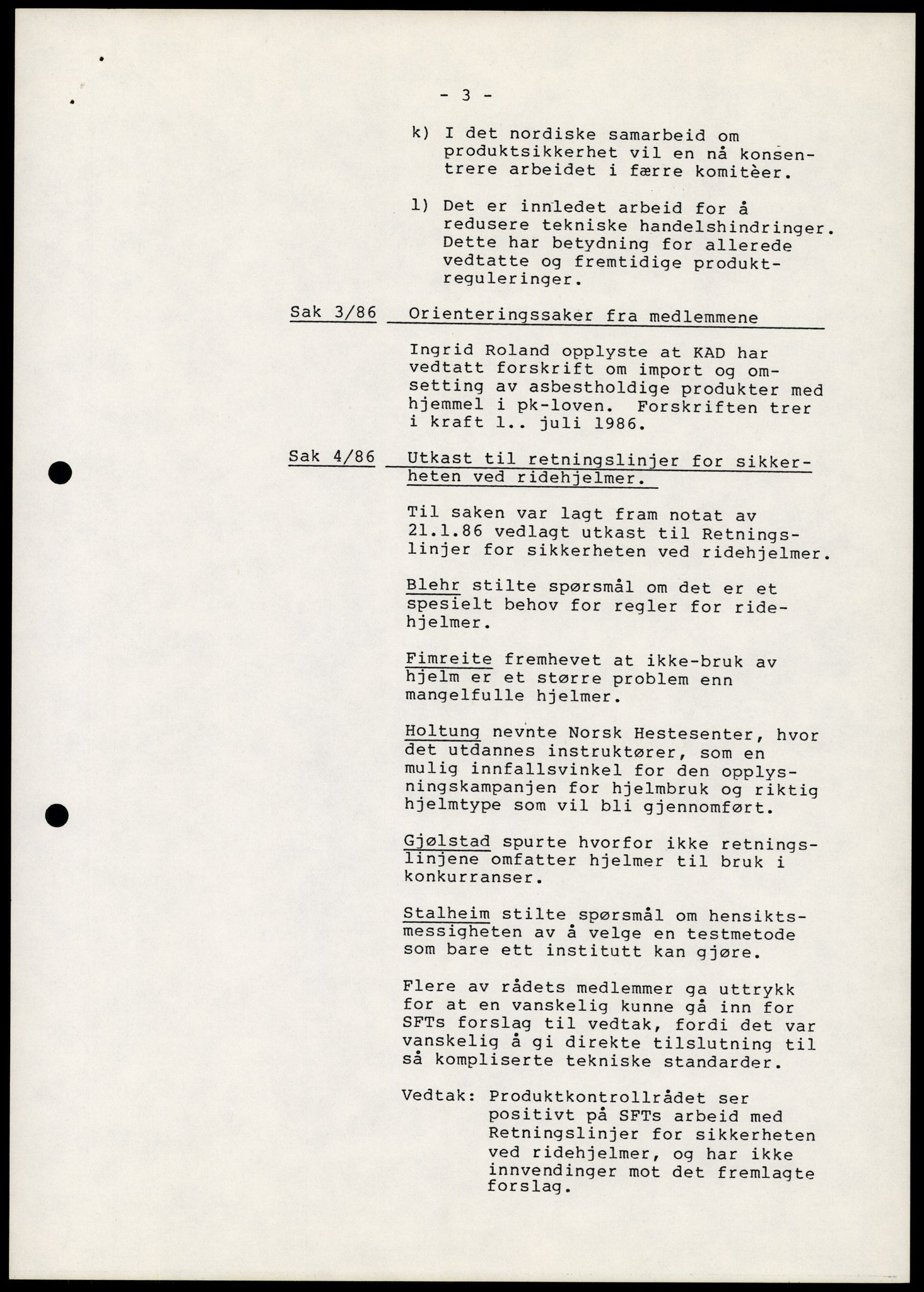 Statens forurensningstilsyn, hovedkontoret, AV/RA-S-4136/1/A/Ab/L0012: Produktkontrollrådet - Innkalling og referater, 1986