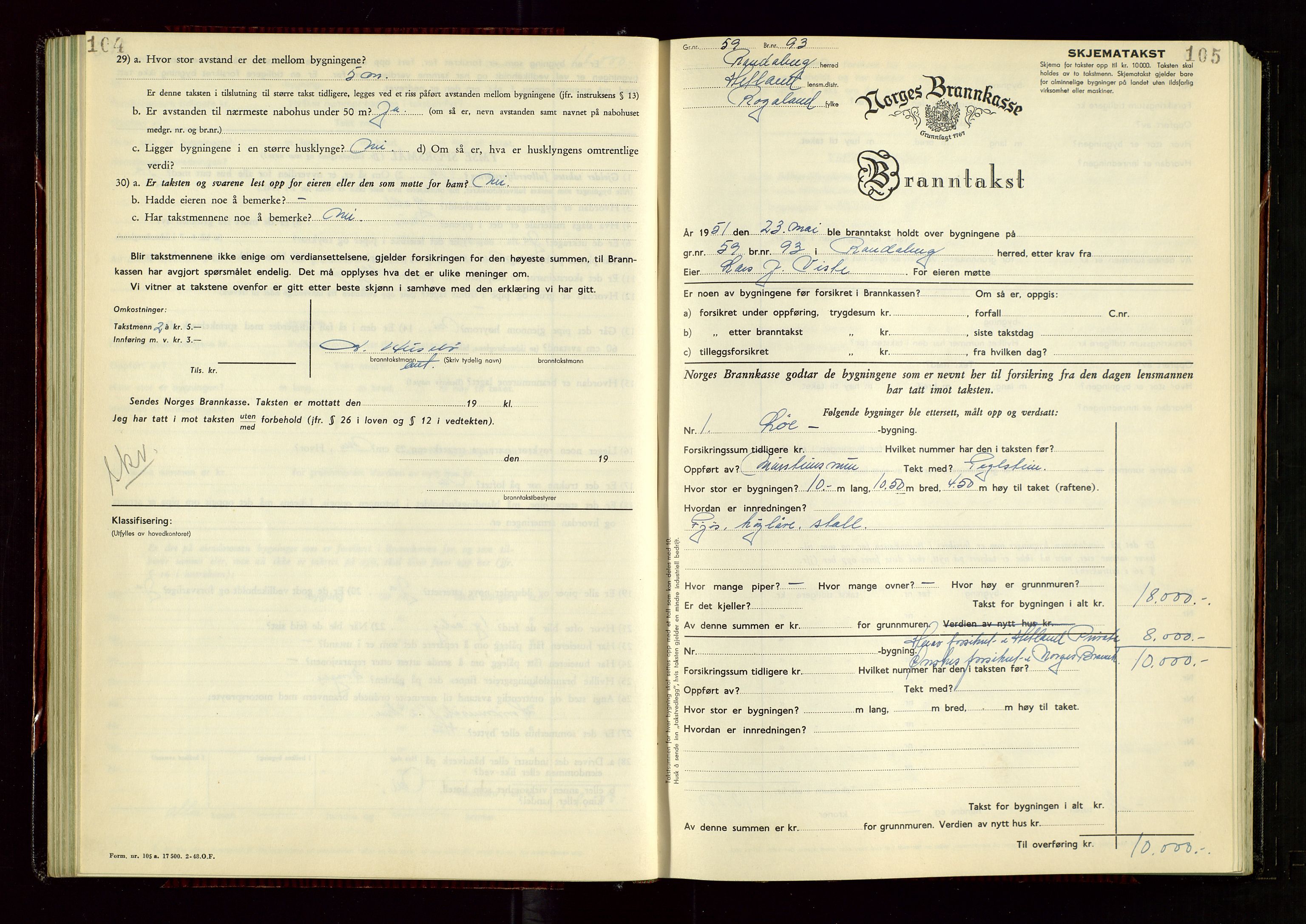 Hetland lensmannskontor, SAST/A-100101/Gob/L0008: "Branntakstprotokoll", 1949-1953, s. 104-105