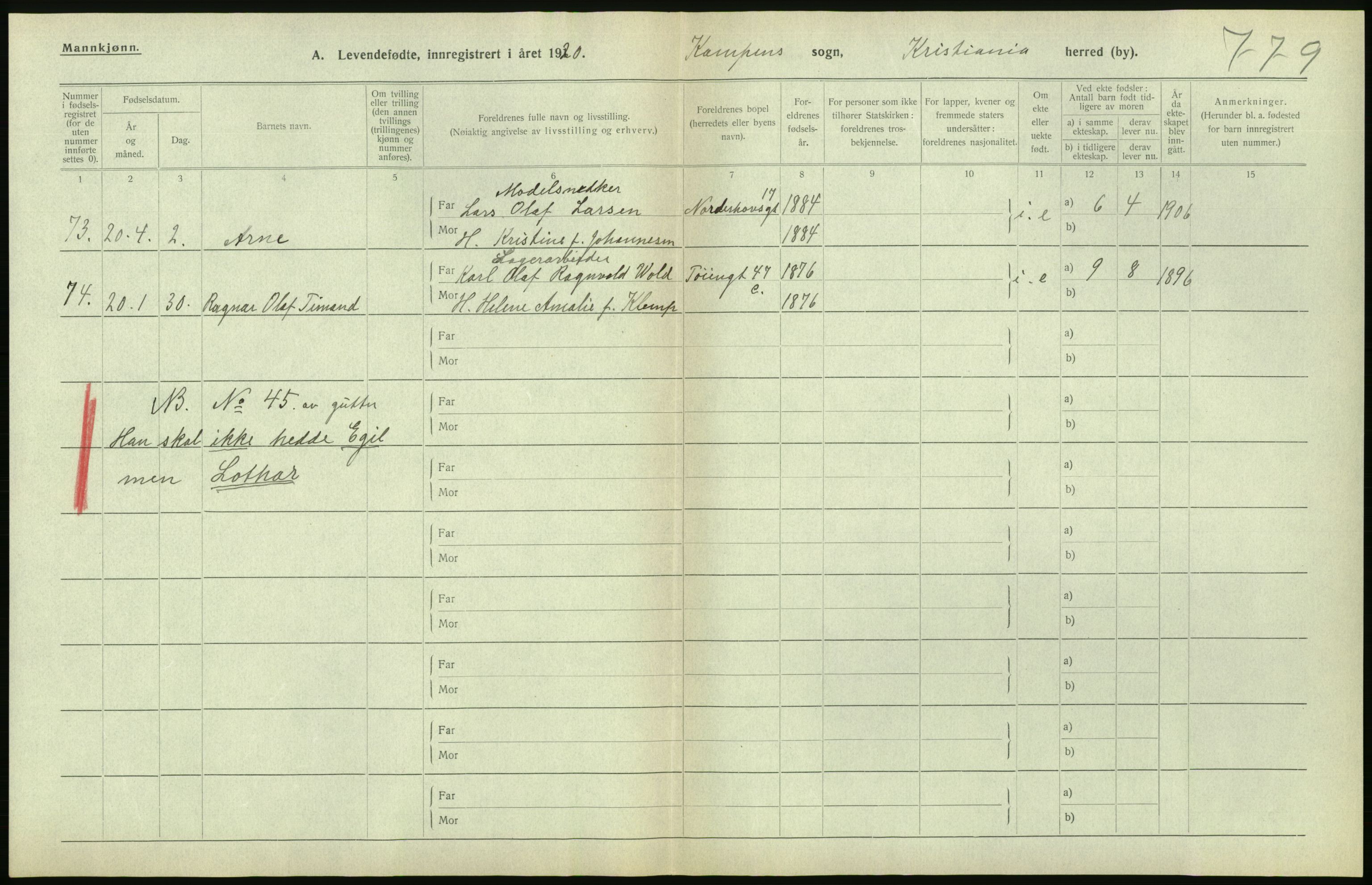 Statistisk sentralbyrå, Sosiodemografiske emner, Befolkning, RA/S-2228/D/Df/Dfb/Dfbj/L0008: Kristiania: Levendefødte menn og kvinner., 1920, s. 200