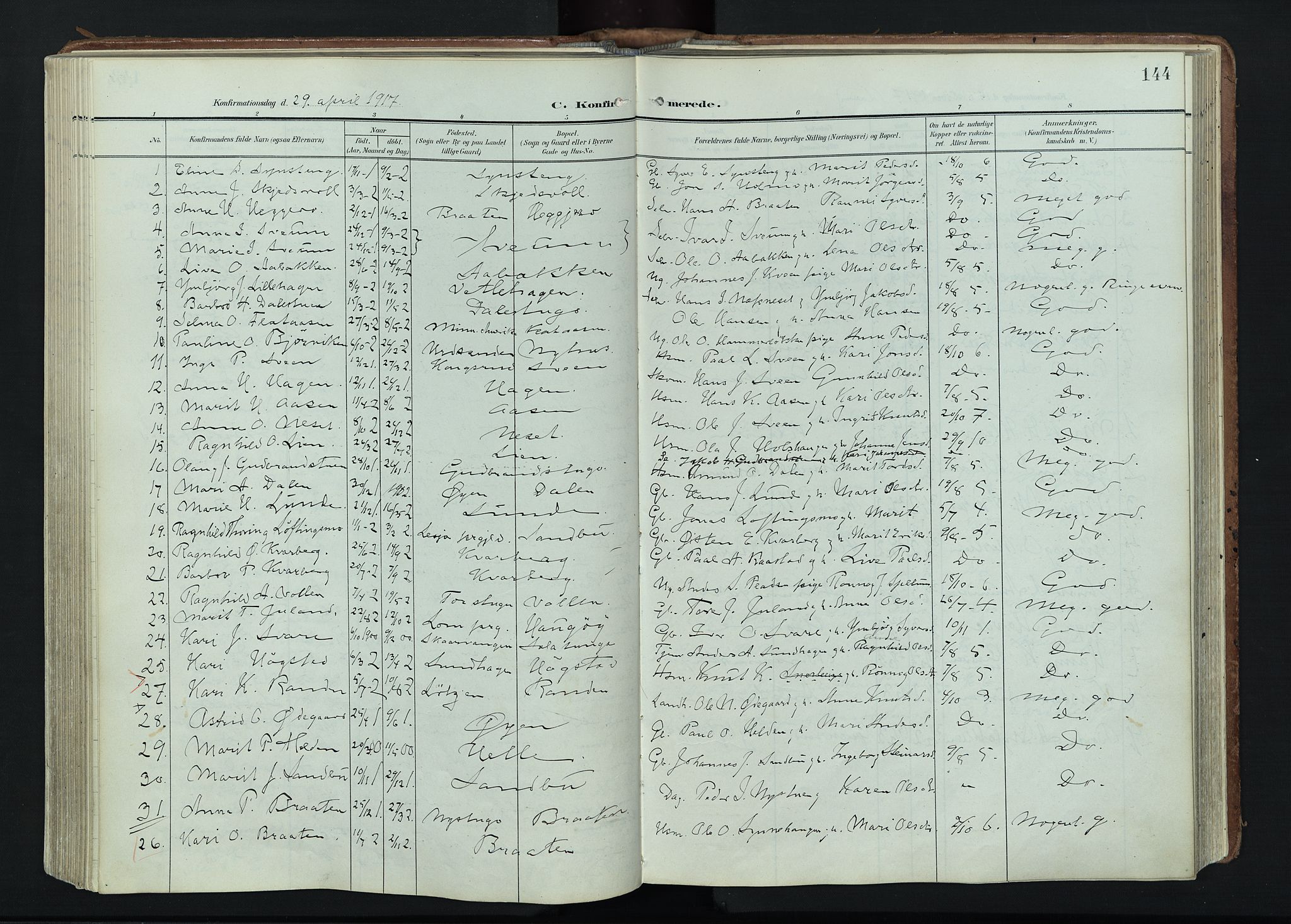 Vågå prestekontor, AV/SAH-PREST-076/H/Ha/Haa/L0011: Ministerialbok nr. 11, 1905-1924, s. 144
